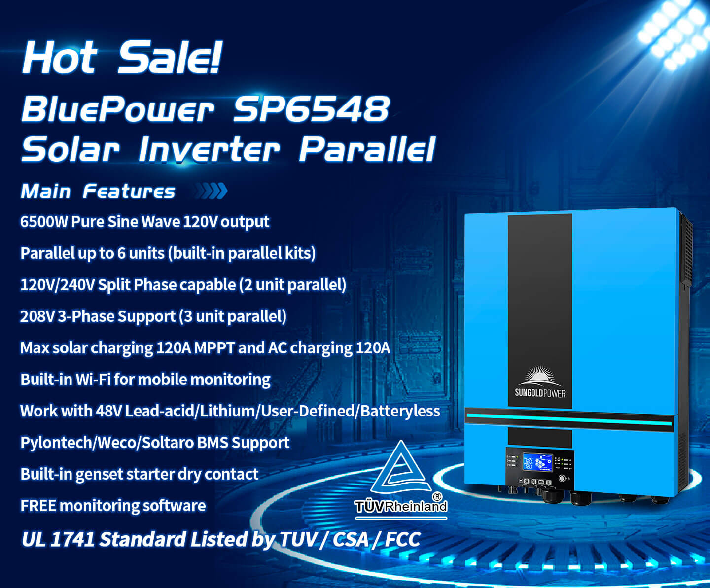 Promotional image for the Sungold Power 13,000W 48V Split-Phase Solar Inverter + WiFi Monitor (2 units parallel), featuring pure sine wave, battery support, 120V/240V output, UL1741 certification logos—all on a blue background.