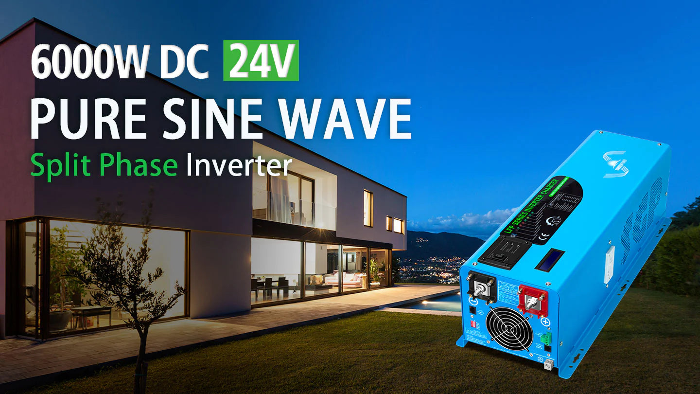 Sungold Power 6,000W DC 24V Split Phase Pure Sine Wave Inverter with Charger A Sungold Power 6,000W DC 24V Split Phase Pure Sine Wave Inverter with Charger is shown in front of a modern, well-lit house at dusk, with text highlighting its efficient split phase inverter design and key product features.
