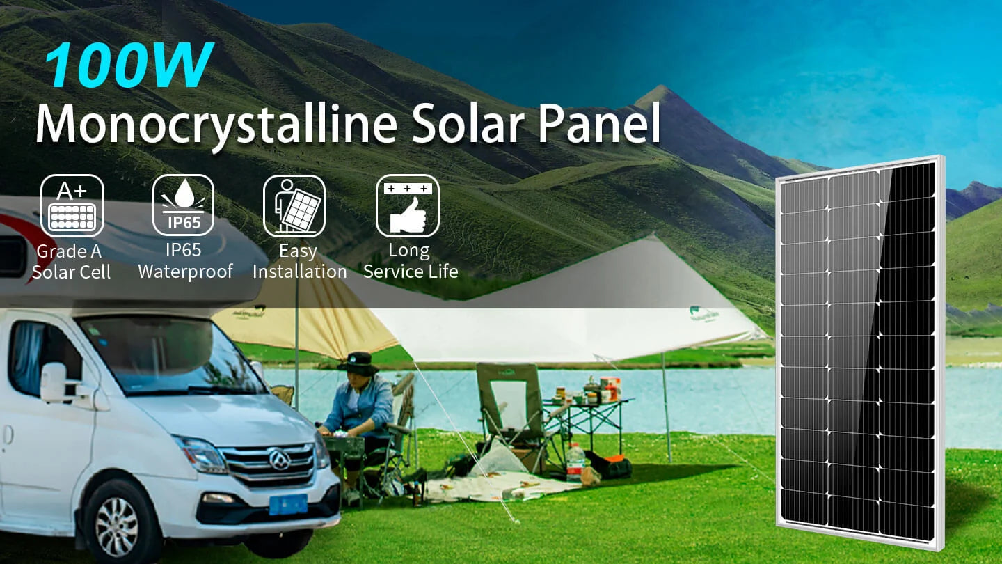 Sungold Power 100W 24V Monocrystalline Solar Panels Kit A Sungold Power 100W 24V Monocrystalline Solar Panels Kit is displayed at a lakeside campsite featuring a van and tent. Text highlights key features from the Sungold Power brand, including A+ grade efficiency, IP65 waterproof rating, easy installation, and long service life.