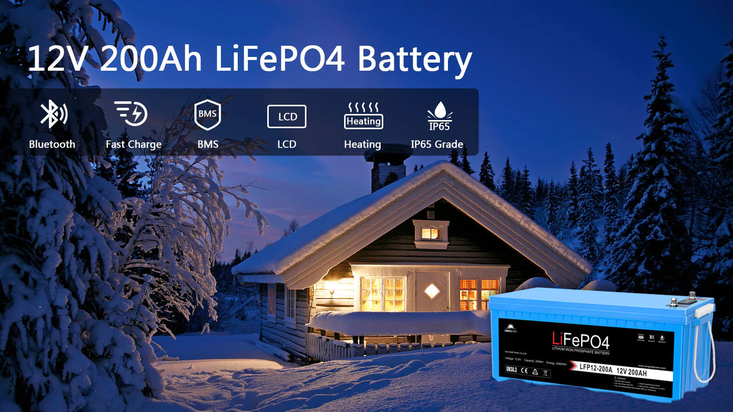Sungold Power 12V 200Ah LiFePO4 Deep‑Cycle Lithium Battery with Bluetooth, Self‑Heating & IP65 The Sungold Power 12V 200Ah LiFePO4 Deep‑Cycle Lithium Battery is shown before a snowy cabin at night, with icons spotlighting Bluetooth, self-heating, fast charging, LCD display, advanced BMS, and IP65 protection.