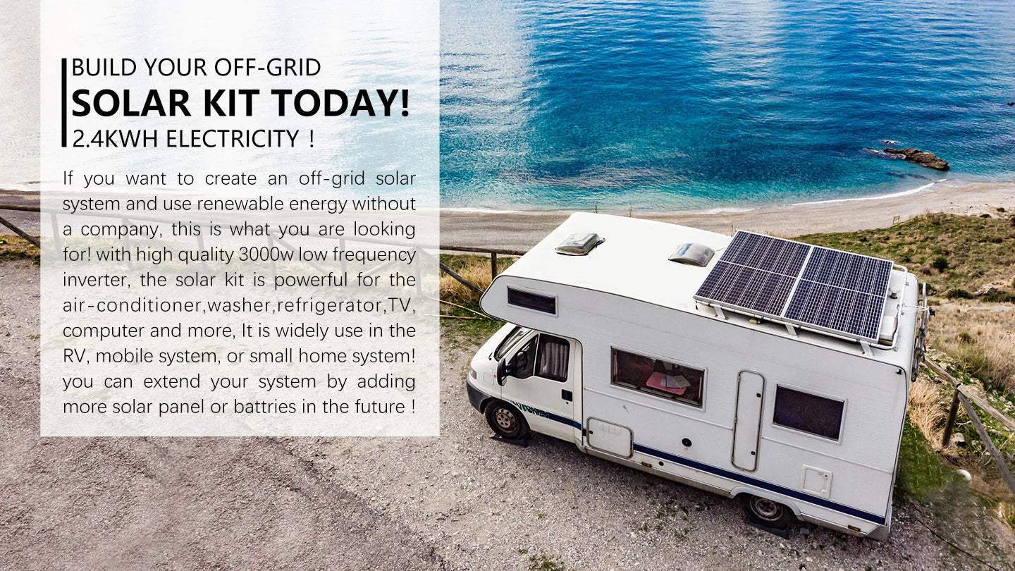 Sungold Power 3,000W Off‑Grid Solar Kit 12VDC 120V Output LiFePO₄ Battery 600W Solar Backup SGK‑PRO3 A white camper van with monocrystalline solar panels is parked on a grassy hill by the beach, featuring the Sungold Power 3,000W Off-Grid Solar Kit (SGK‑PRO3) with LiFePO₄ battery for independent electricity anywhere.