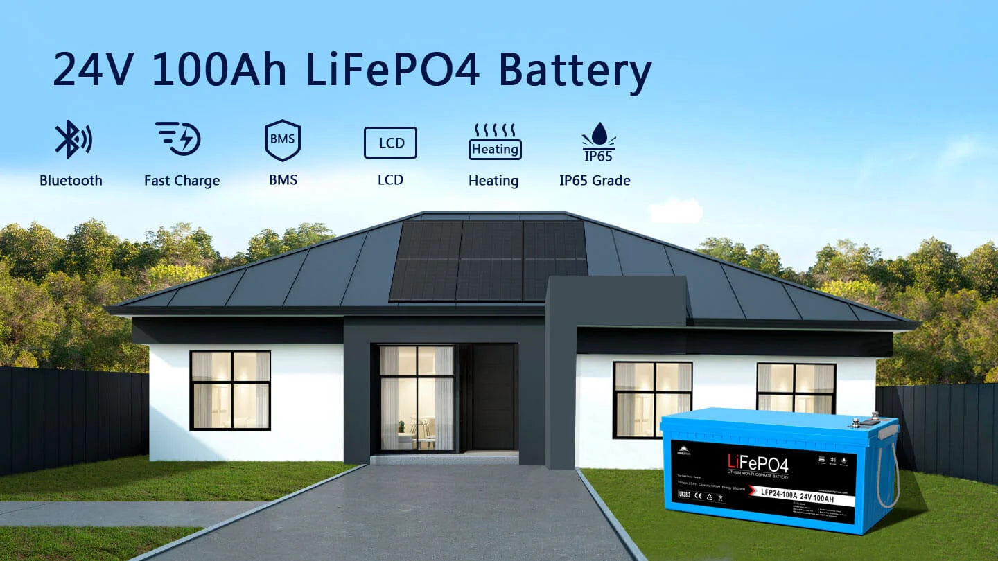 Sungold Power 24V 100Ah LiFePO4 Deep‑Cycle Lithium Battery with Bluetooth, Self‑Heating & IP65 A modern house with solar panels on the roof sits next to a Sungold Power 24V 100Ah LiFePO4 Deep‑Cycle Lithium Battery, featuring sleek color accents and smooth border-radius edges. Icons highlight features such as Bluetooth, fast charging, advanced BMS, LCD display, self-heating capability, and IP65 rating.