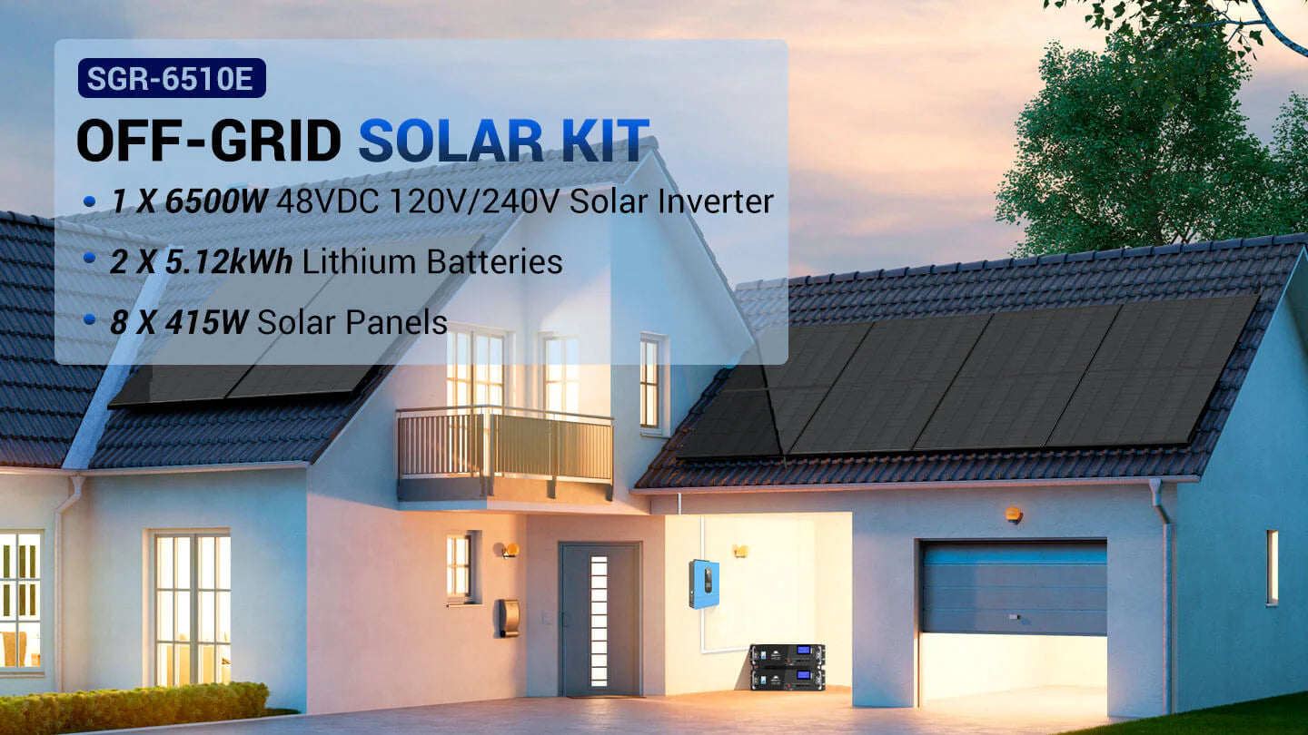 SUNGOLD POWER Off-Grid Solar Kit 6,500W 48VDC 120/240VAC OUTPUT 10.24KWH Lithium Battery 8 X 415W Solar Panels SGR-6510E Sungold Power SGR-6510E solar kit — product photo