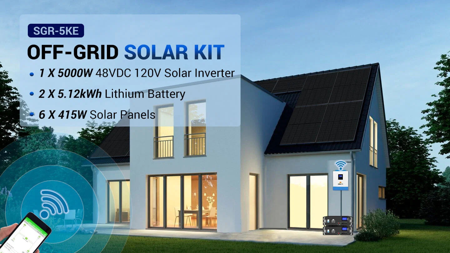 A modern house with Sungold Power solar panels on the roof displays key features of the Sungold Power Off‑Grid 5,000W Solar Kit SGR‑5KE—including a 48VDC 120V inverter, a LiFePO₄ 10.24 kWh battery, and six 415W solar panels—with a person conveniently monitoring system performance using a smartphone app. This setup demonstrates how the Sungold Power kit makes managing your home’s energy use both efficient and sustainable.