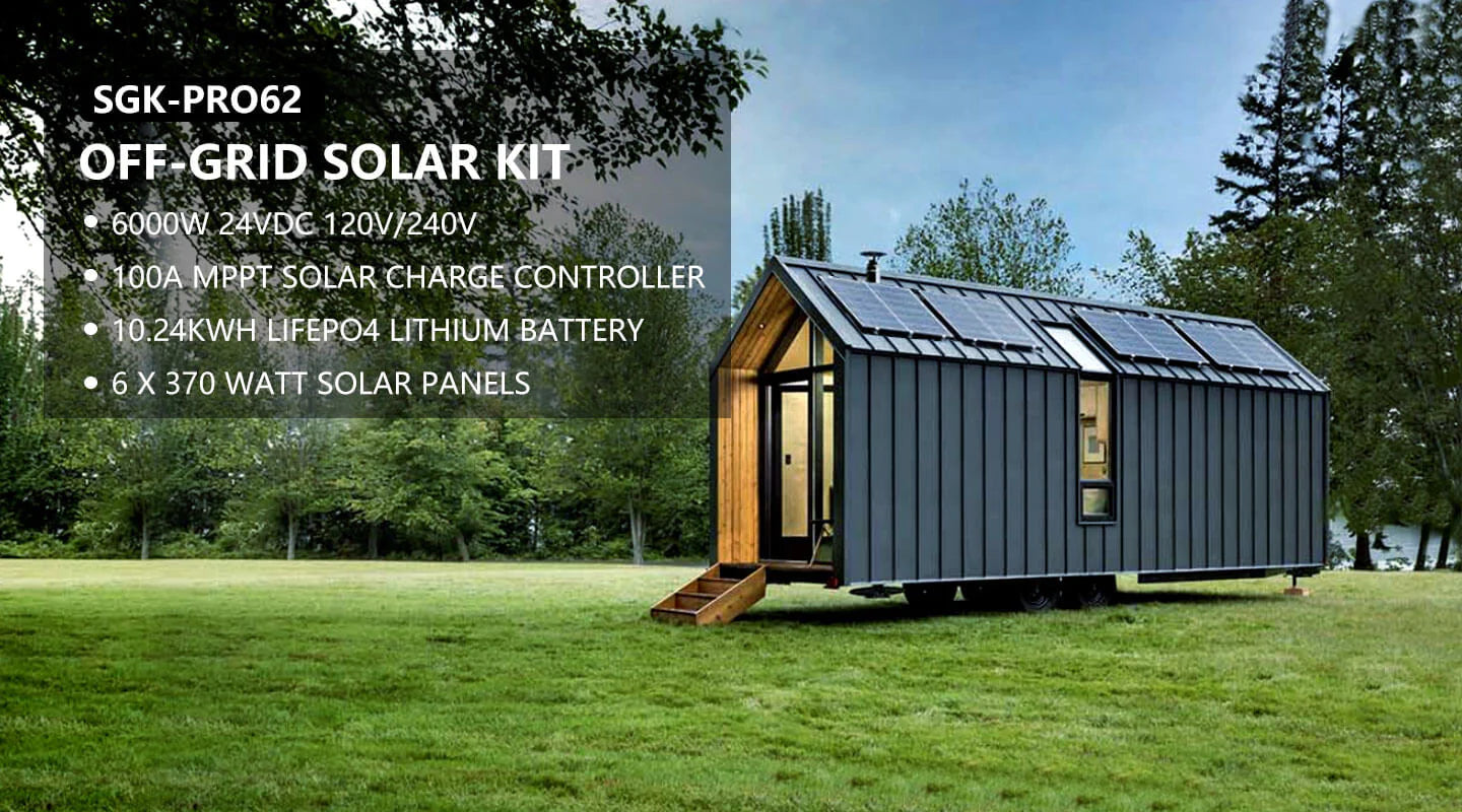 Sungold Power Off‑Grid 6,000W Solar Kit 24VDC 120V/240V Inverter/Charger | LiFePO4 10.24 kWh Battery & 6×370W Solar Panels (SGK‑PRO62) A sleek tiny house with rooftop solar panels sits on grass. A transparent box displays: Sungold Power Off-Grid 6,000W Solar Kit (SGK-PRO62) with 24VDC inverter/charger, LiFePO4 10.24 kWh battery, and six 370W panels.