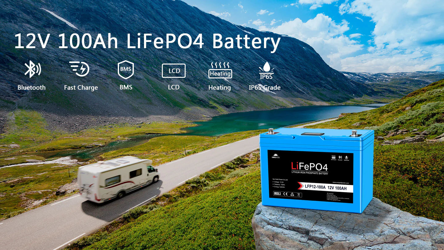2 x SUNGOLDPOWER 12V 100AH LIFEPO4 DEEP CYCLE LITHIUM BATTERIES / BLUETOOTH /SELF-HEATING / IP65 A Sungold Power 12V 100Ah LiFePO4 deep cycle lithium battery with Bluetooth, self-heating, IP65 rating, and advanced BMS rests on a rock by a mountain road as an RV passes by; features are displayed above.
