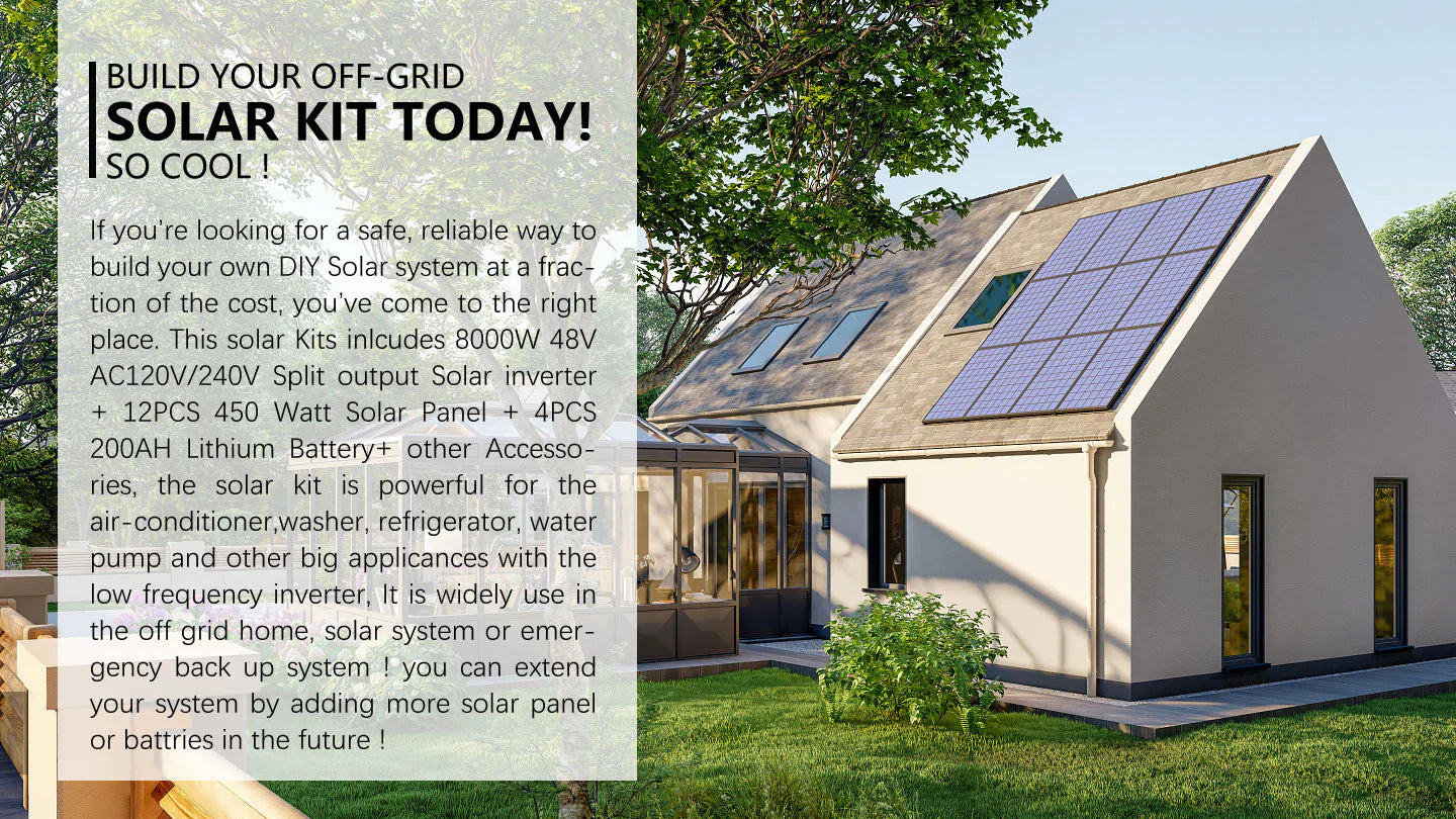 A modern house with solar panels on the roof, surrounded by greenery. An information box features the Sungold Power 8,000W Complete Off‑Grid Solar Kit (model SGK-8MAX), highlighting its components such as a 48V lithium battery with 10.24 kWh capacity, 5,400W solar panels for efficient energy generation, and dual 120V/240V output. The kit is promoted for home use or emergency backup power solutions.