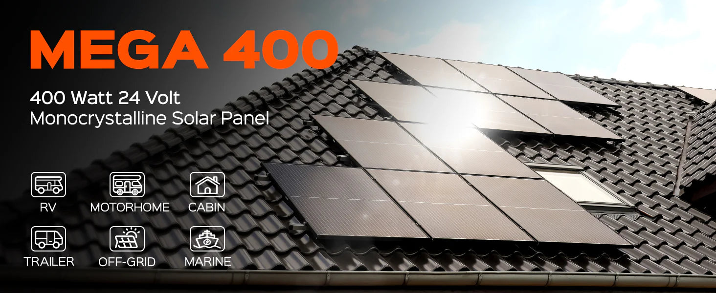 A rooftop with several solar panels in sunlight. Text: Rich Solar MEGA 400W 24V Monocrystalline Solar Panel for grid-tie & off-grid use. Icons show suitability for RVs, motorhomes, cabins, trailers, marine, and off-grid setups. Brand: Rich Solar.