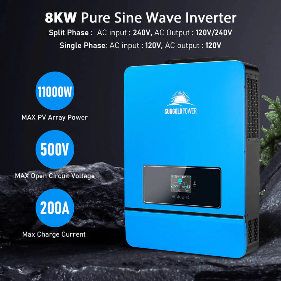 Sungold Power Off‑Grid Solar Kit 8,000W 48VDC 120V/240V LiFePO₄ 10.24 kWh Battery & 8×415W Solar Panels SGR‑8K10E A blue Sungold Power Off‑Grid Solar Kit 8,000W 48VDC with LiFePO₄ 10.24 kWh battery & 8×415W panels is shown, ideal for off‑grid use with 120V/240V output, supporting max PV array power of 11,000W and max charge current of 200A.