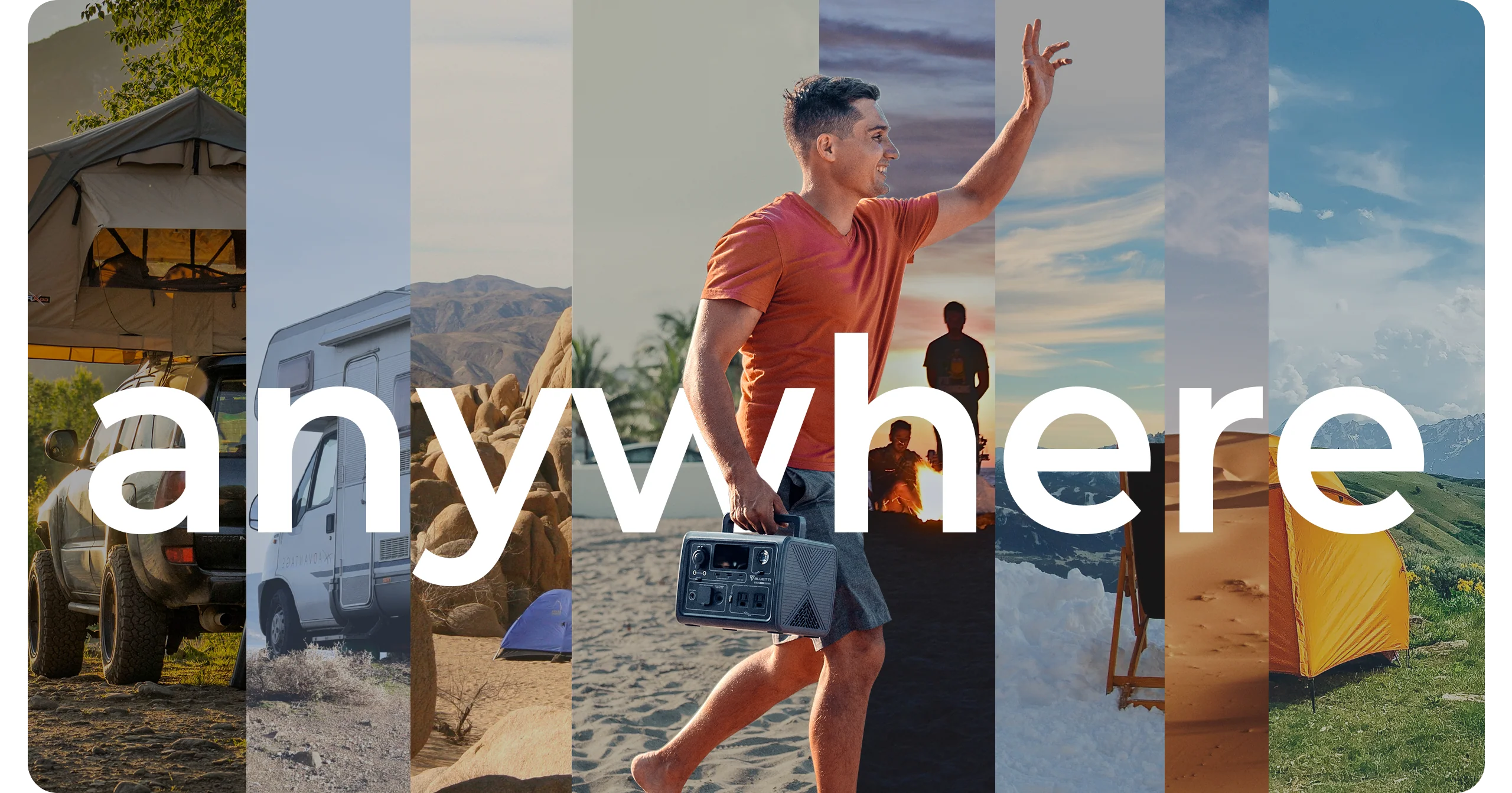 BLUETTI EB3A 600W 268Wh Portable Power Station A man carrying a portable speaker powered by the BLUETTI EB3A 600W 268Wh Portable Power Station walks across a sandy beach beneath the word anywhere, with scenes of mountains, tents, camper vans, and blue skies behind him. Brand: Bluetti.
