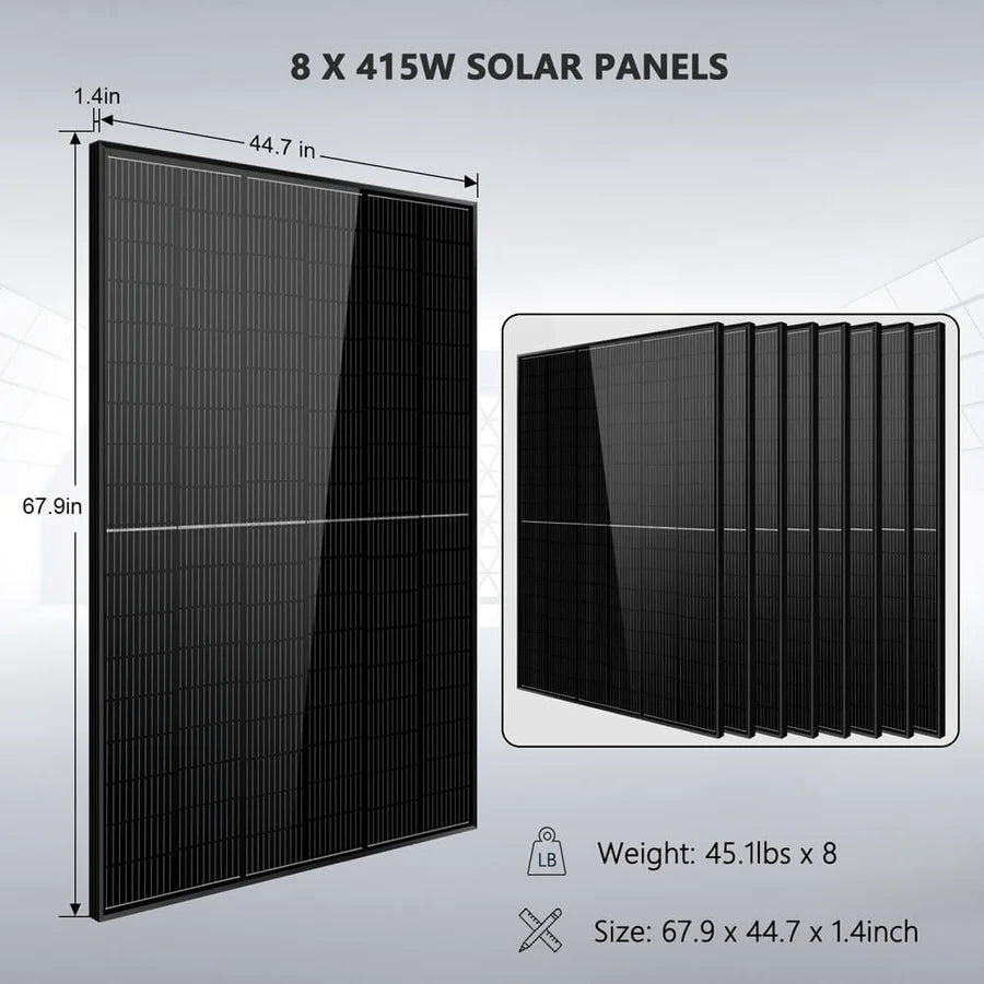 Sungold Power Off‑Grid Solar Kit 8,000W 48VDC 120V/240V LiFePO₄ 10.24 kWh Battery & 8×415W Solar Panels SGR‑8K10E The Sungold Power Off-Grid Solar Kit features 8×415W solar panels (67.9x44.7x1.4, 45.1 lbs each) and a 10.24 kWh LiFePO₄ battery, ideal for off-grid use, with panel size and thickness clearly shown for easy setup.