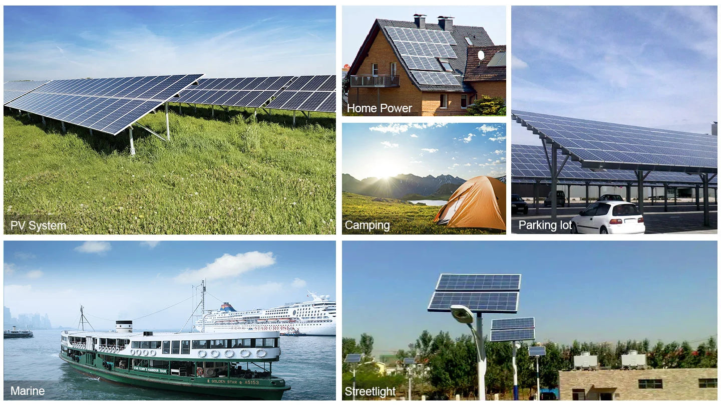SunGoldPower 200W 48V Monocrystalline Solar Panels Kit Collage of six images featuring the SunGoldPower 200W 48V Monocrystalline Solar Panels Kit by Sungold Power in diverse applications, including PV systems, home power solutions, camping setups, parking lot installations, marine vessels, and streetlight projects. The collage emphasizes the versatility of these high-efficiency solar panels across various real-world settings.