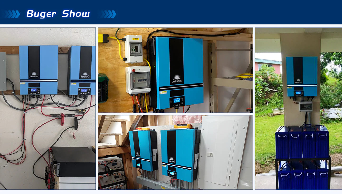 Sungold Power 6,500W 48V Solar Charge Inverter Parallel + WiFi Monitor UL1741 Standard A collage displays several Sungold Power 6,500W 48V Solar Charge Inverter Parallel + WiFi Monitor UL1741 units mounted indoors and outdoors, connected to panels and batteries, illustrating different installation setups.