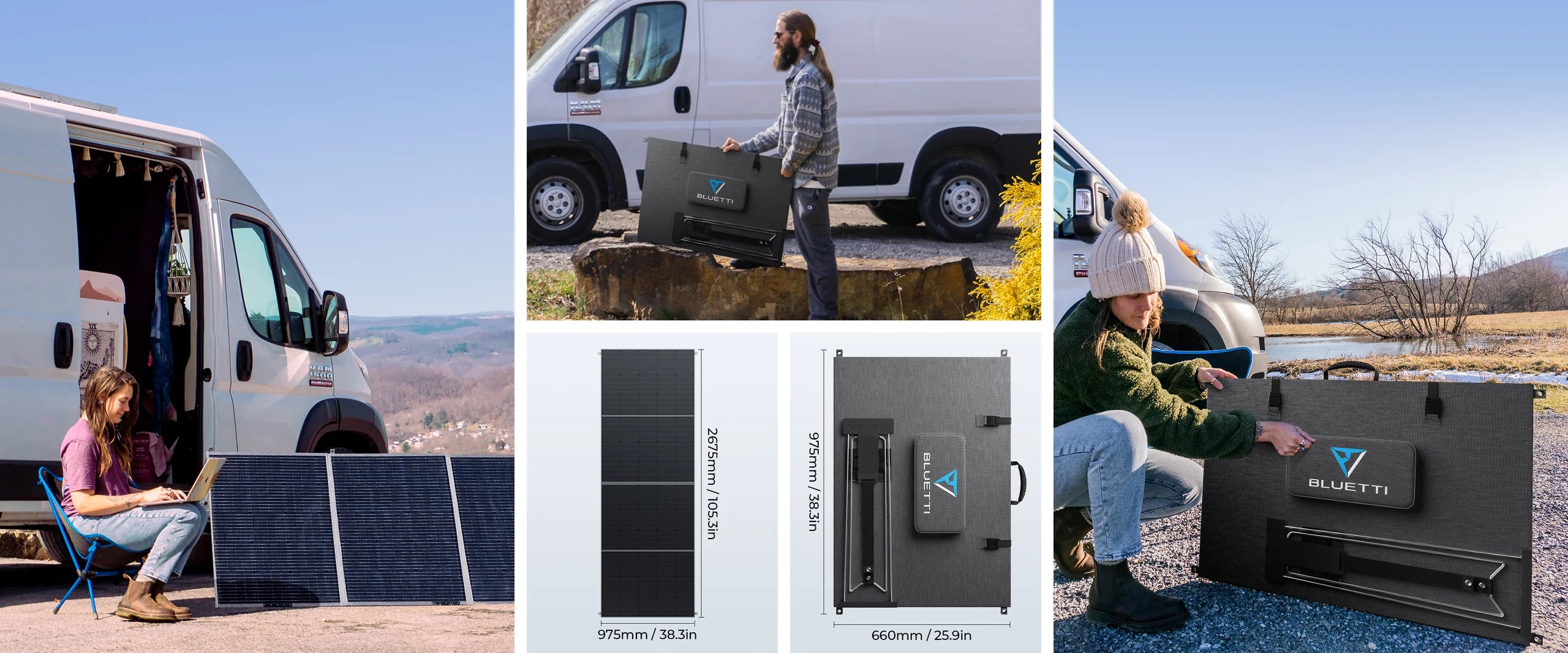 A man and woman set up the Bluetti 420W 48V Monocrystalline Portable Solar Panel by a white van outdoors; close-up images highlight the panel’s compact folded size and full unfolded dimensions for efficient solar energy collection.
