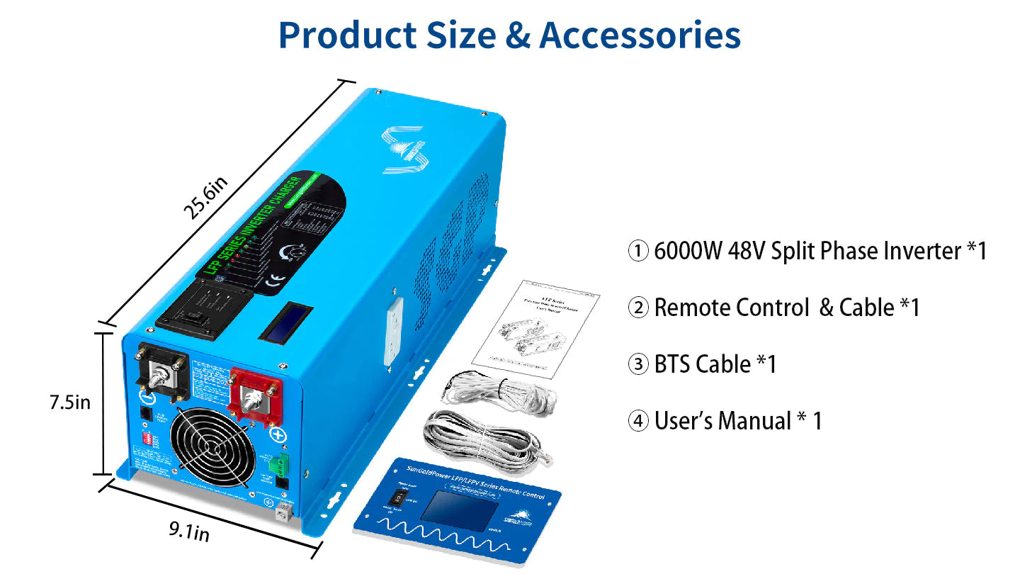 Sungold Power 6,000W DC 48V Split Phase Pure Sine Wave Inverter with Charger UL1741 Standard Sungold Power 6,000W 48V Split Phase Pure Sine Wave Inverter with Charger (UL1741), includes remote control, BTS cable, and manual—reliable power conversion from Sungold Power.