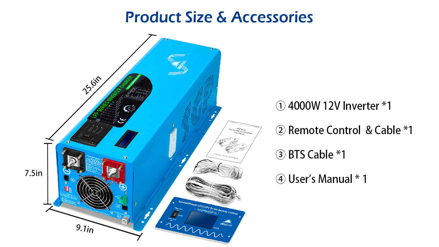Sungold Power 4,000W 12V Pure Sine Wave Inverter with Charger The Sungold Power 4,000W 12V Pure Sine Wave Inverter with Charger (25.6 x 9.1 x 7.5) from Sungold Power is shown with remote control & cable, BTS cable, and user manual—an ideal off-grid power solution.