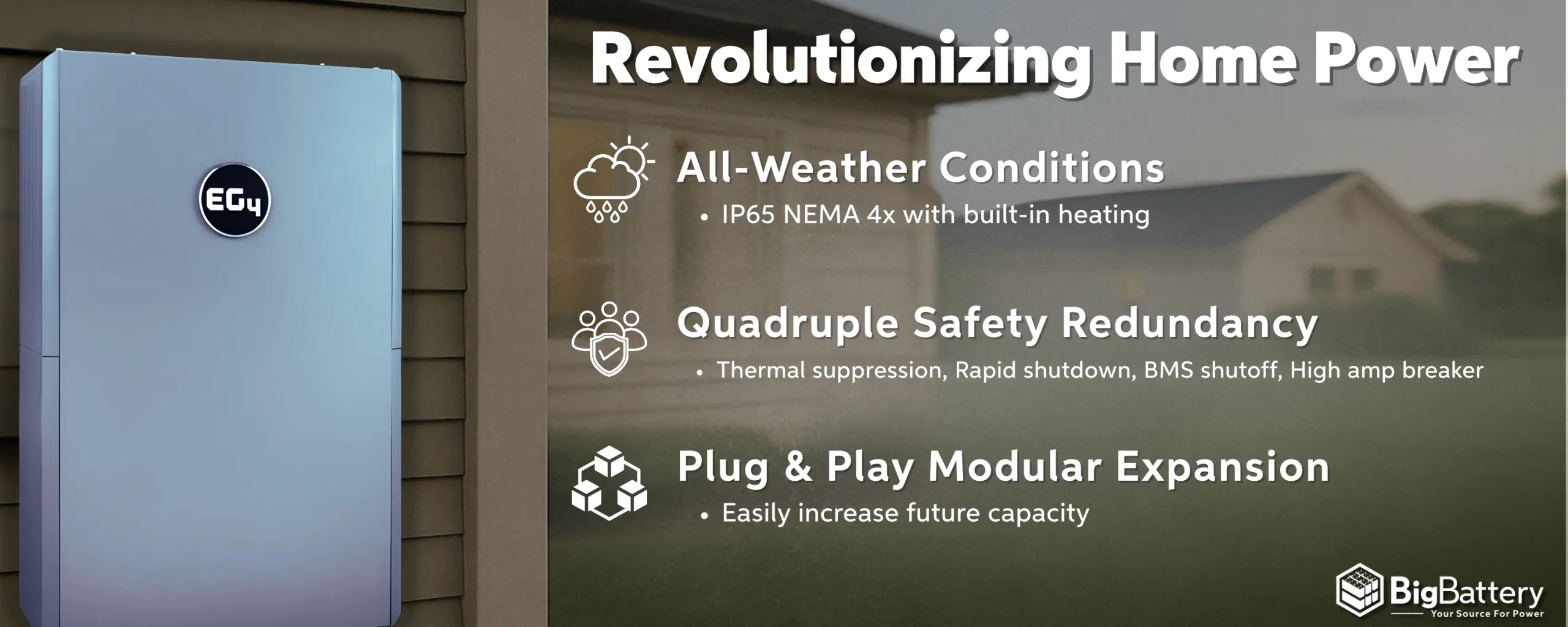 EG4 PowerPro 12kW 43kWh 48V Off-Grid System The EG4 PowerPro 12kW 43kWh 48V Off-Grid System, branded by EG4, offers outdoor-ready energy storage (IP65 NEMA 4X, built-in heating), fourfold safety redundancy, plug & play modular expansion, and features the BigBattery logo in the corner.