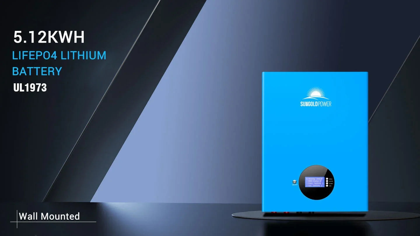 Sungold Power 5.12 kWh 51.2V 100Ah Powerwall LiFePO4 Lithium Battery SG48100M A blue Sungold Power 5.12 kWh 51.2V 100Ah Powerwall LiFePO4 Lithium Battery (model SG48100M) by Sungold Power is displayed against a geometric, two-tone background, with the battery’s details shown on the left and the unit itself on the right.