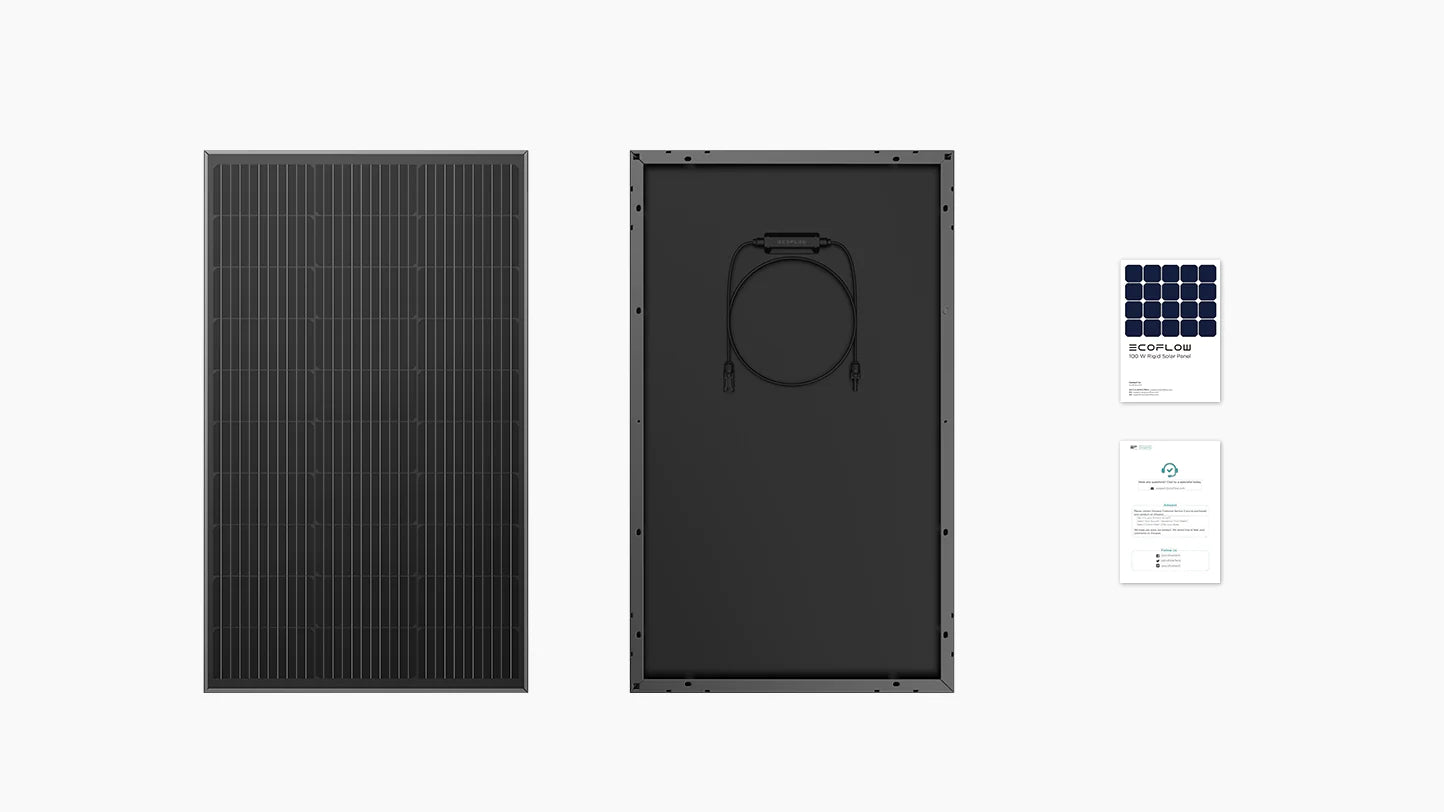 EcoFlow 100W 12V Monocrystalline Rigid Solar Panel Front and back views of the EcoFlow 100W 12V Monocrystalline Rigid Solar Panel in black, with EcoFlow branding, plus a user manual, warranty card, and QR code document displayed on a white background. Weatherproof design shown.