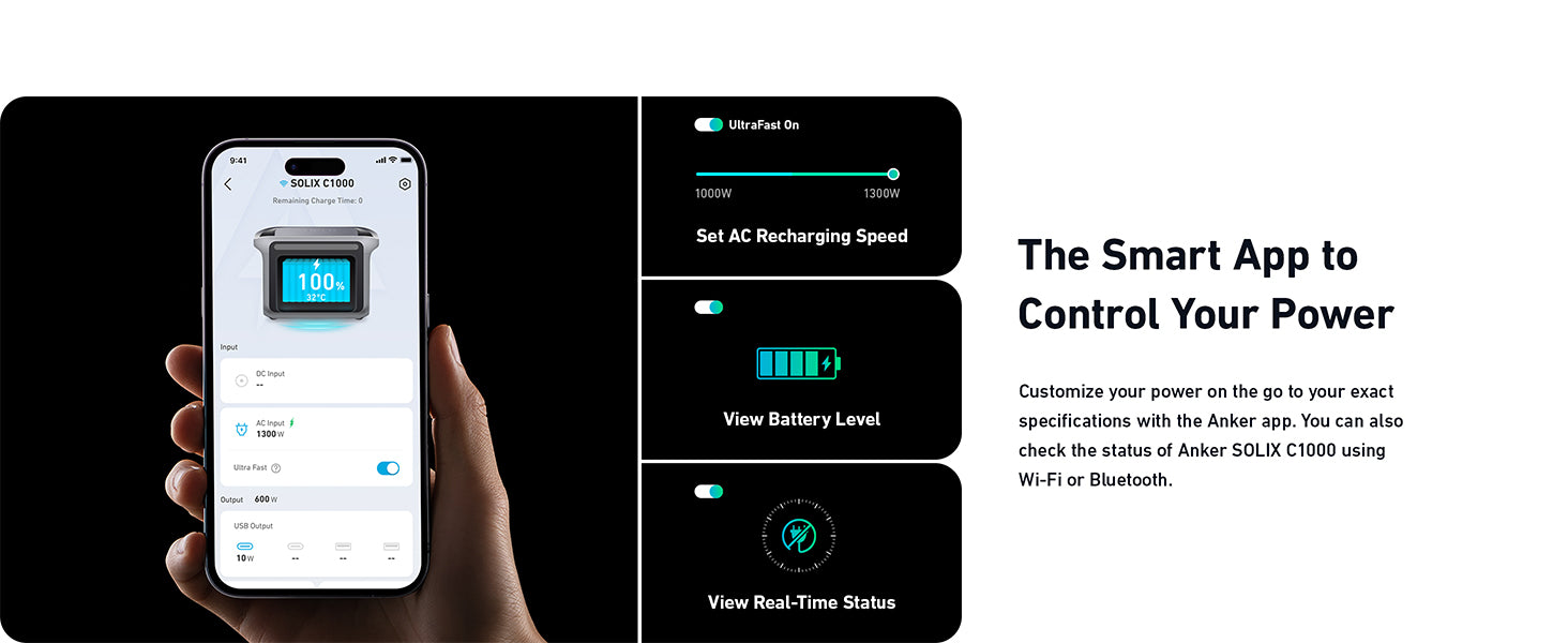 Anker SOLIX C300X Portable Power Station | 300W Power Output | 288Wh Battery Capacity A hand holds an Anker SOLIX C300X Portable Power Station (288Wh, 300W) smartphone app displaying features like AC recharge speed setting, battery level viewing, and real-time status, highlighting its portability and smart control.