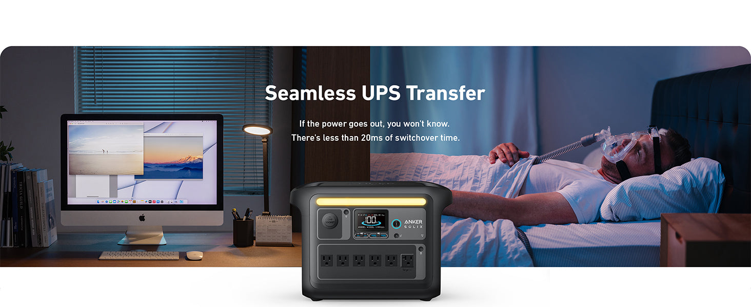 Anker SOLIX C300X Portable Power Station | 300W Power Output | 288Wh Battery Capacity A desktop computer and lamp are on a desk to the left, while a person uses a CPAP machine in bed on the right. In front, the Anker SOLIX C300X Portable Power Station (300W, 288Wh) is shown. Text: “Seamless UPS Transfer.”.
