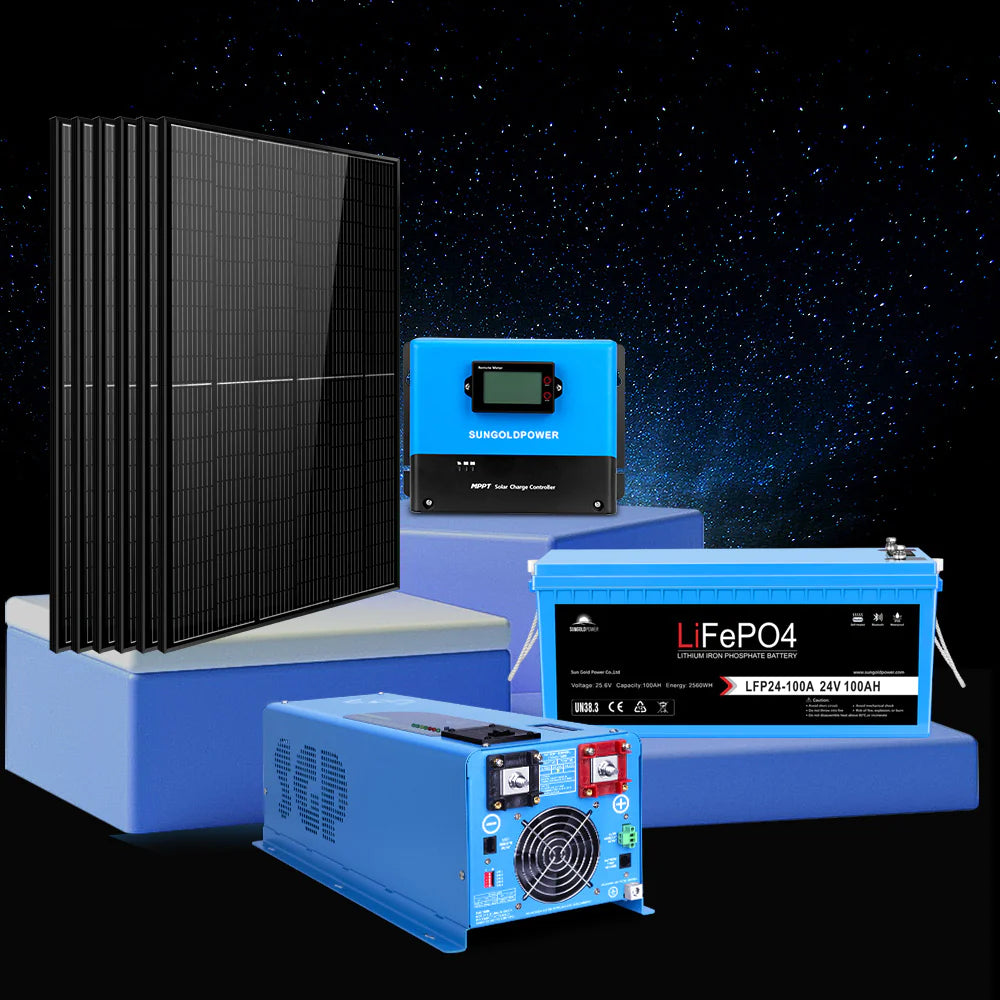 Sungold Power Off‑Grid 6,000W Solar Kit 48VDC 120V/240V Inverter | LiFePO4 10.24 kWh Battery & 6×370W Solar Panels (SGK‑PRO64) The Sungold Power Off‑Grid 6,000W Solar Kit (SGK‑PRO64) with LiFePO4 10.24 kWh battery, 6×370W panels, and inverter is displayed against a starry night sky—an ideal solution for energy independence.