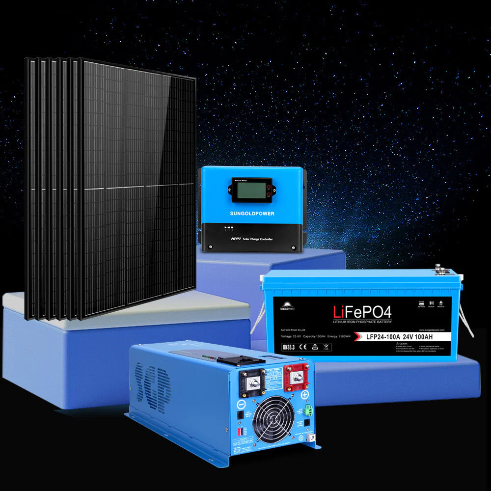 Sungold Power Off‑Grid 6,000W Solar Kit 24VDC 120V/240V Inverter/Charger | LiFePO4 10.24 kWh Battery & 6×370W Solar Panels (SGK‑PRO62) The Sungold Power Off‑Grid 6,000W Solar Kit (SGK‑PRO62) features 6×370W black solar panels, a blue charge controller, a LiFePO4 10.24 kWh battery, and an inverter/charger—an ideal off-grid solar solution displayed against a starry night sky.