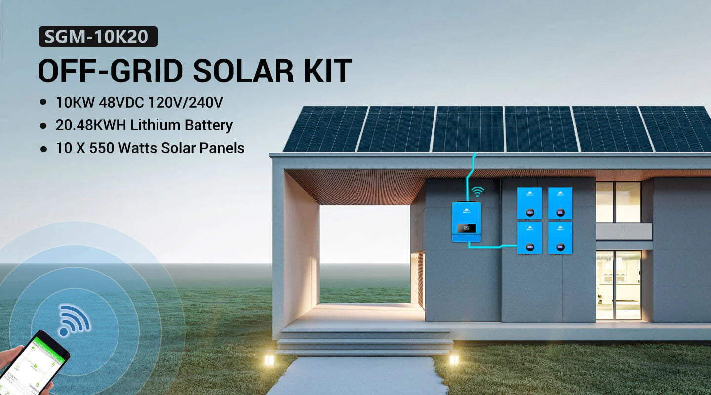 Sungold Power Off‑Grid 10,000W Solar Kit 48VDC 120V/240V Inverter | 10×550W Panels & 4×5.12kWh Powerwall LiFePO4 Battery (SGM‑10K20) A modern home features rooftop solar panels and labeled solar kit components on the wall. Text highlights the Sungold Power Off-Grid 10,000W Solar Kit (SGM-10K20), which includes a 48VDC 120V/240V inverter, ten 550-watt panels, and four 5.12kWh Powerwall LiFePO4 batteries for a total battery capacity of 20.48kWh.