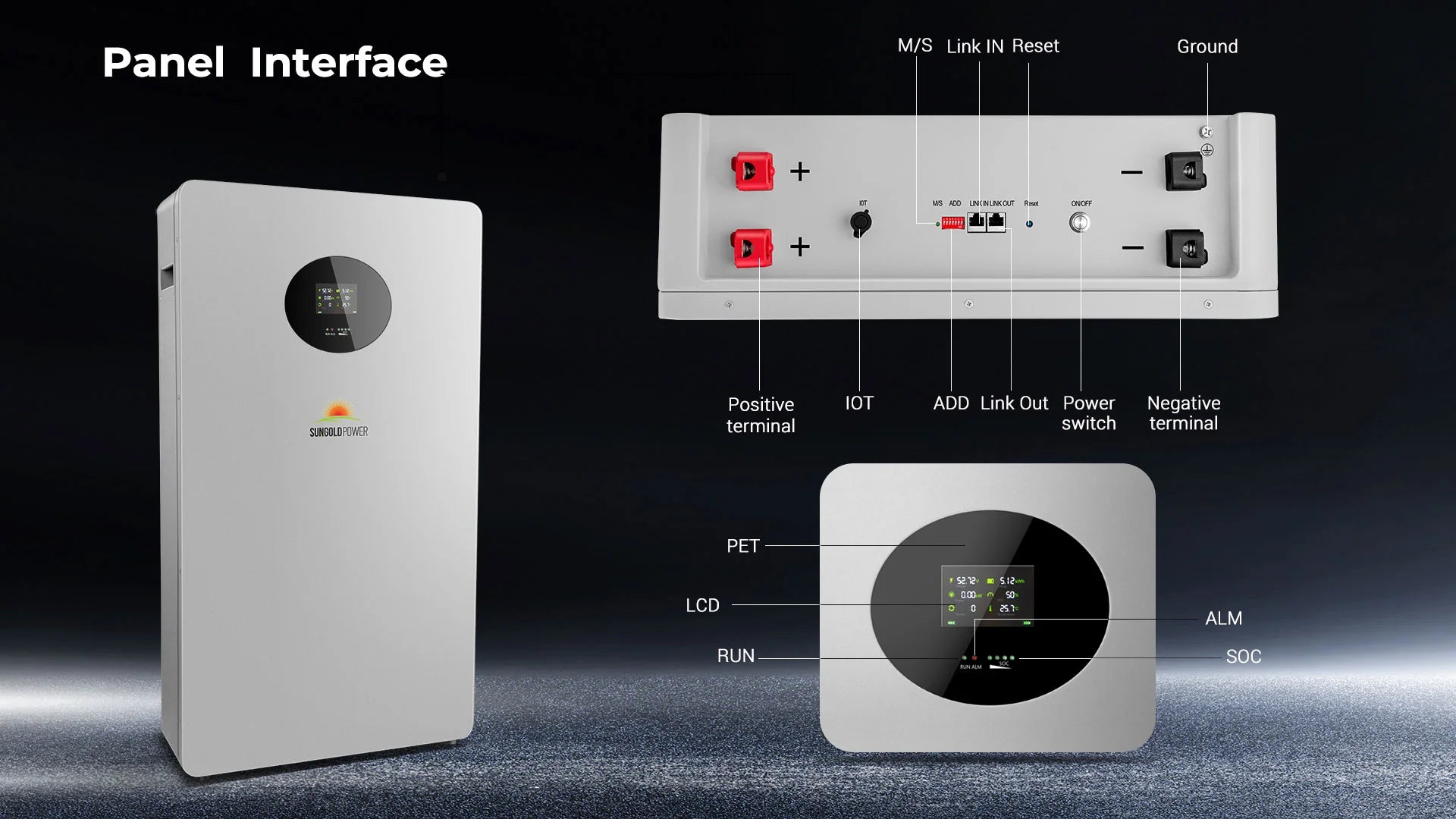 SUNGOLD POWER 10,24kWh Powerwall X Lithium Battery 51.2V 200Ah SG48200T The SUNGOLD POWER 10.24kWh Powerwall X Lithium Battery (51.2V 200Ah, SG48200T) by Sungold Power features a silver panel with round display, labeled lithium battery terminals, IOT, ADD Link Out, M/S Link In, Reset, and status indicators.