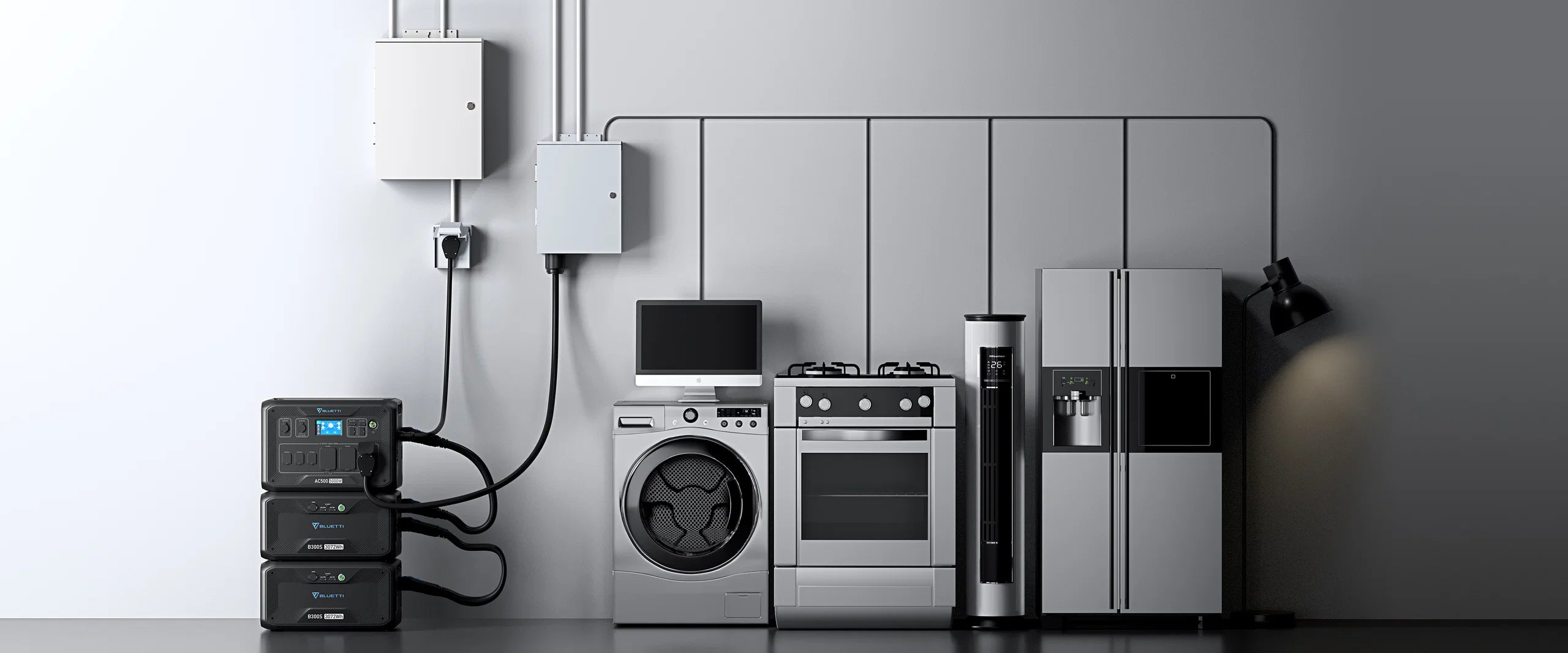 Bluetti AC500 Home Integration Kit 120V/240V Modern laundry room featuring a washer, stove, tall fan, and double-door refrigerator, all seamlessly powered by the Bluetti AC500 Home Integration Kit 120V/240V—an advanced battery backup system—and connected to electrical boxes set against a light gray paneled wall.
