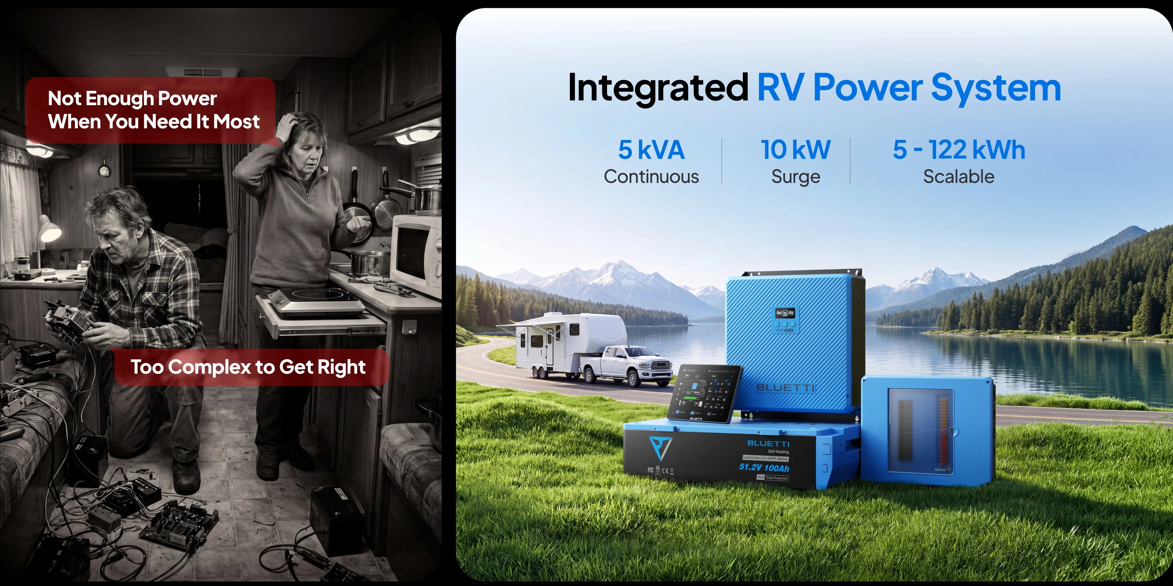 Split image: The left side features frustrated people struggling with tangled wires in an RV. The right side captures a serene lakeside scene with RVs and the Bluetti RV5 Power Hub | 5kVa by Bluetti, showcasing its integrated design and powerful capabilities as the ultimate RV power supply solution.