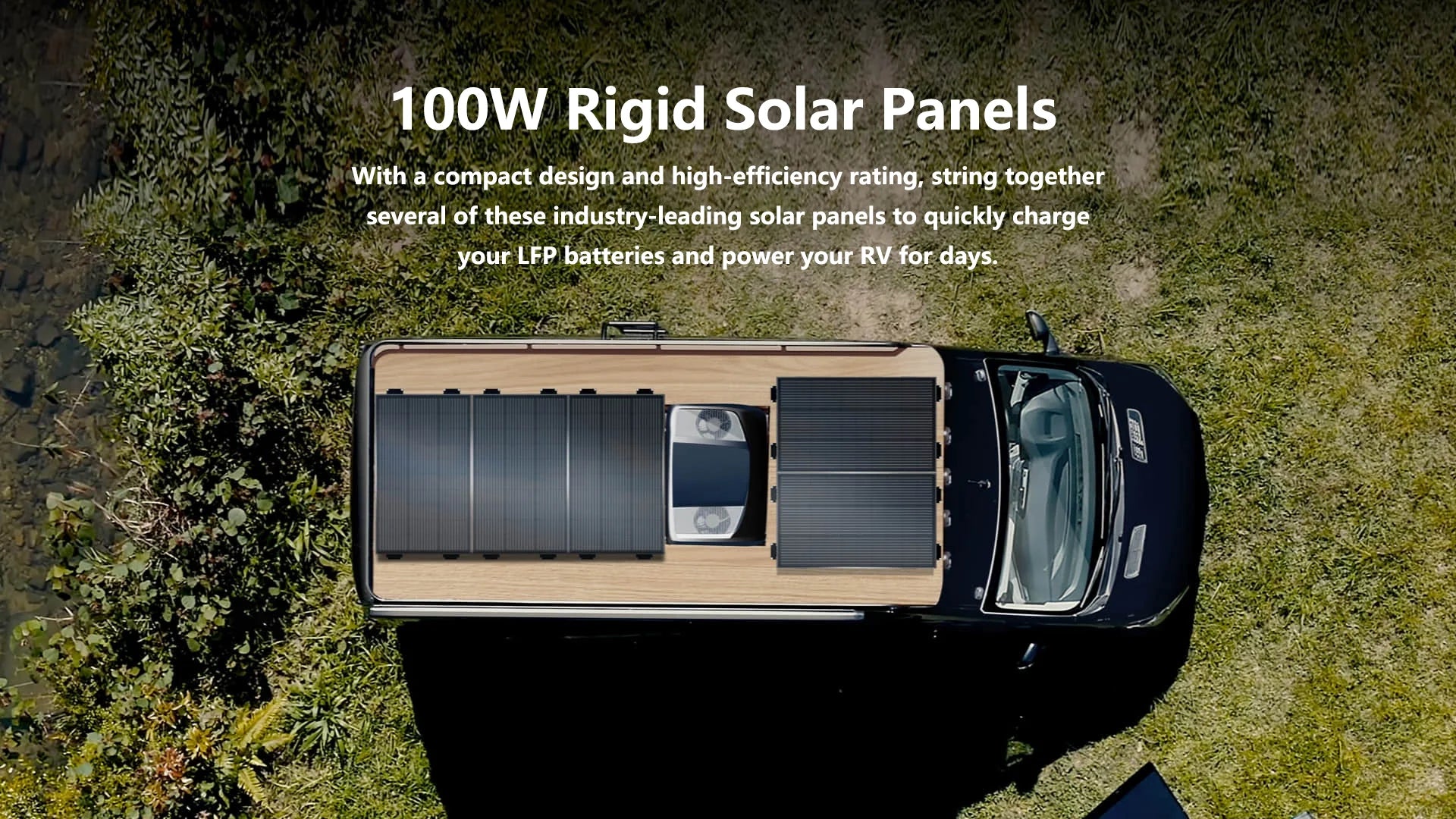 EcoFlow 100W 12V Monocrystalline Rigid Solar Panel Aerial view of a black RV on grass, equipped with EcoFlow 100W 12V Monocrystalline Rigid Solar Panels. Text overlay highlights rapid, efficient RV battery charging with durable, weatherproof Ecoflow panels.
