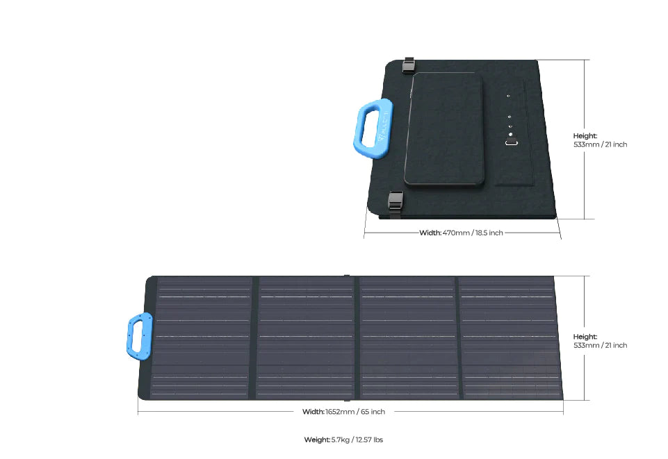 BLUETTI 120W 24V Monocrystalline Portable Solar Panel The BLUETTI 120W 24V Monocrystalline Portable Solar Panel, by Bluetti, folds with a blue handle (70mm x 533mm) or unfolds to four solar sections (1675mm x 533mm). Weighs 5.7kg. Perfect for BLUETTI generators.