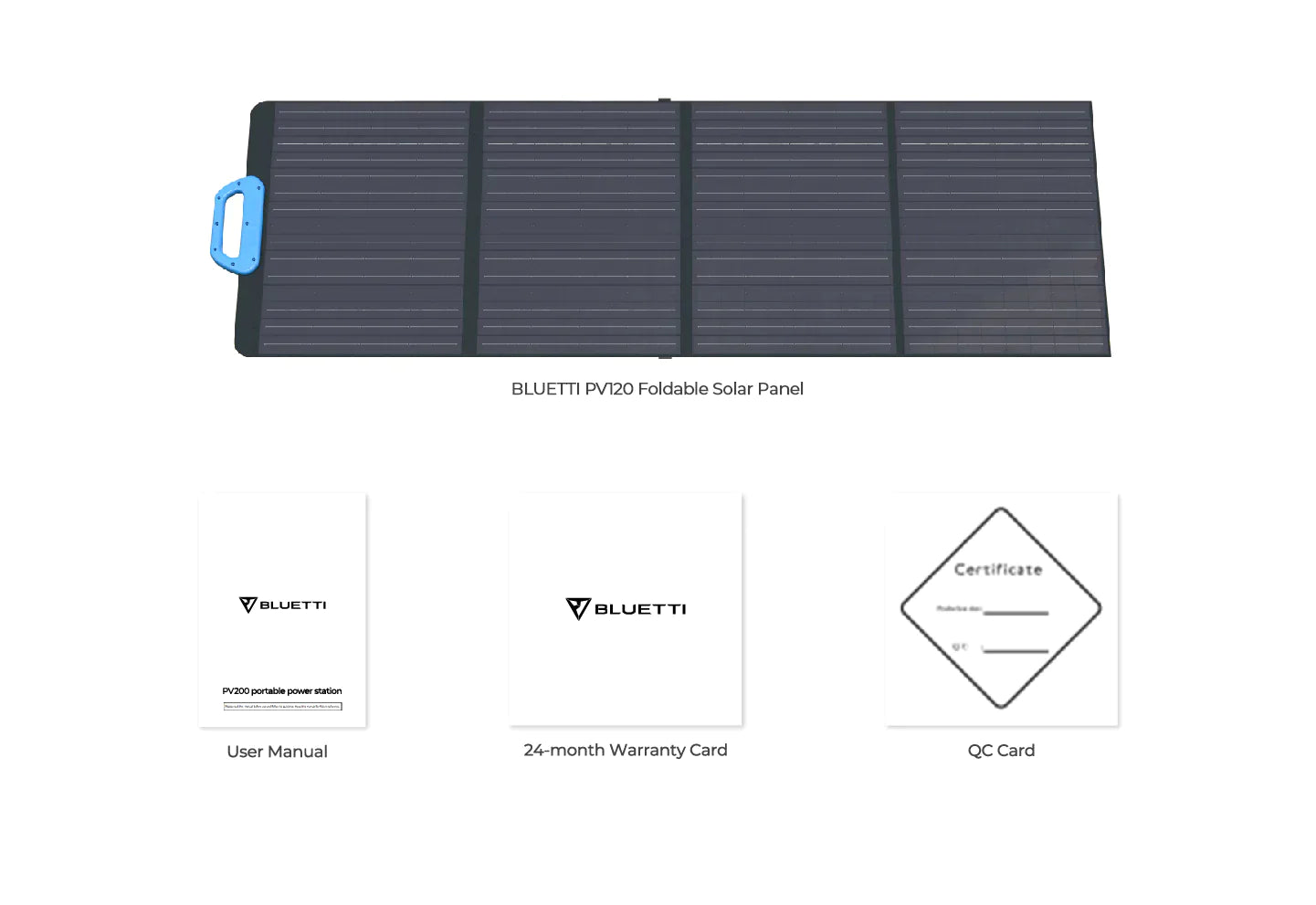 BLUETTI 120W 24V Monocrystalline Portable Solar Panel The BLUETTI 120W 24V Monocrystalline Portable Solar Panel by Bluetti is shown folded with a blue handle, above a user manual, 24-month warranty card, and QC certificate. Perfect for pairing with BLUETTI generators.