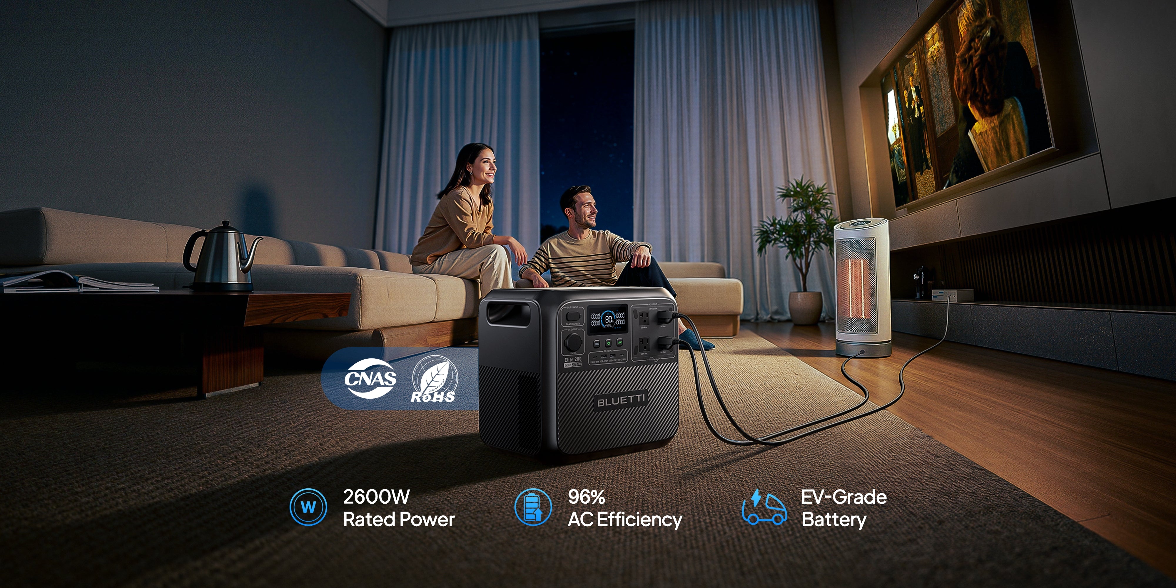 A man and woman sit on a sofa watching TV, while an Eco Solar Kits Bluetti Elite 200 V2 Portable Power Station (2600W, 2073.6Wh) on the floor powers both the TV and a heater. Icons below highlight its 2600W rated power, 96% AC efficiency, and EV-grade battery—demonstrating this advanced solar generator’s impressive capabilities.