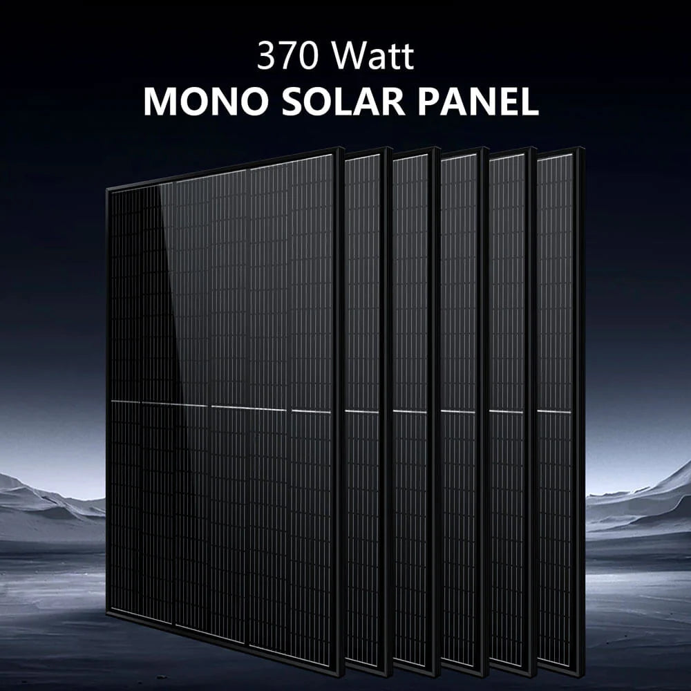 Six Sungold Power 370W monocrystalline solar panels stand upright on a dark, futuristic landscape beneath Sungold Power 6,000W Off‑Grid Solar Kit—ideal for reliable off-grid energy with LiFePO4 battery storage.