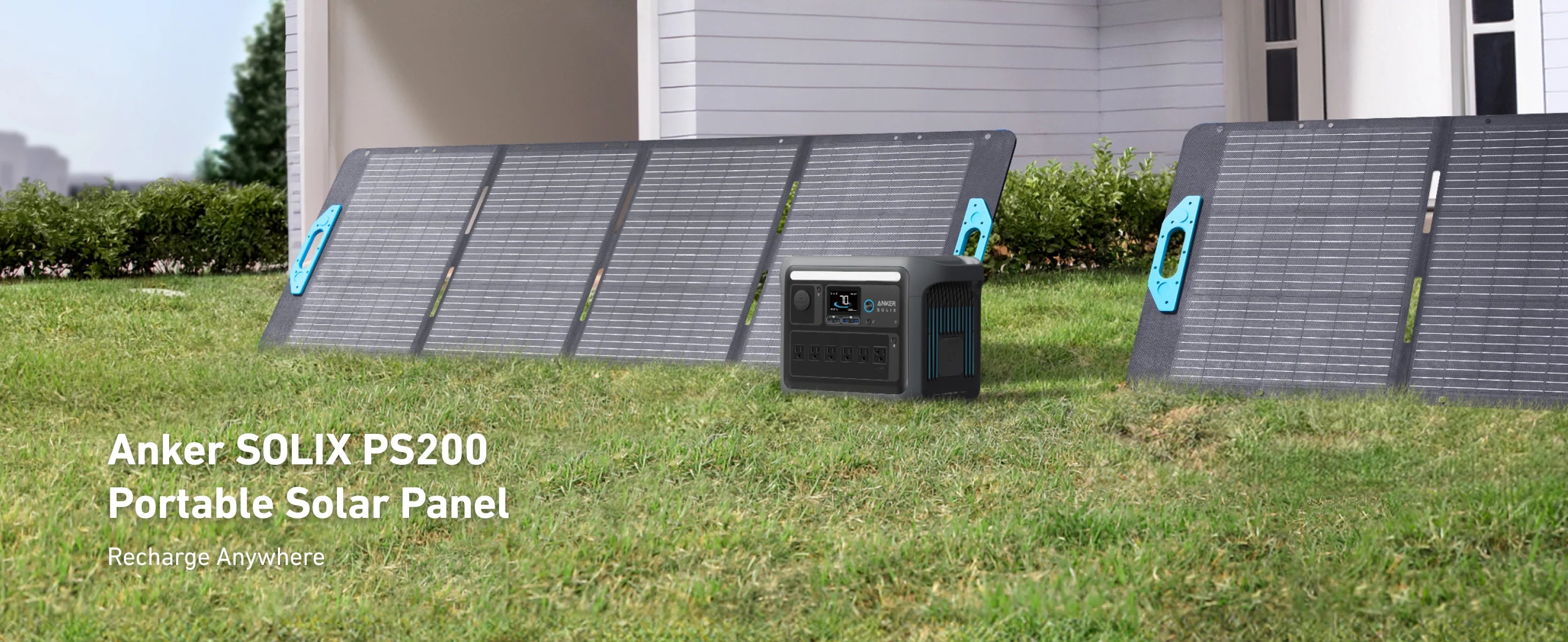 Anker SOLIX 200W 48V PS200 Monocrystalline Portable Solar Panel A portable Anker SOLIX 200W 48V PS200 Monocrystalline Solar Panel with black panels and a power station is set up on green grass outside a white house. Anker brand. IP67 waterproof, ideal for outdoor use and high energy conversion efficiency.