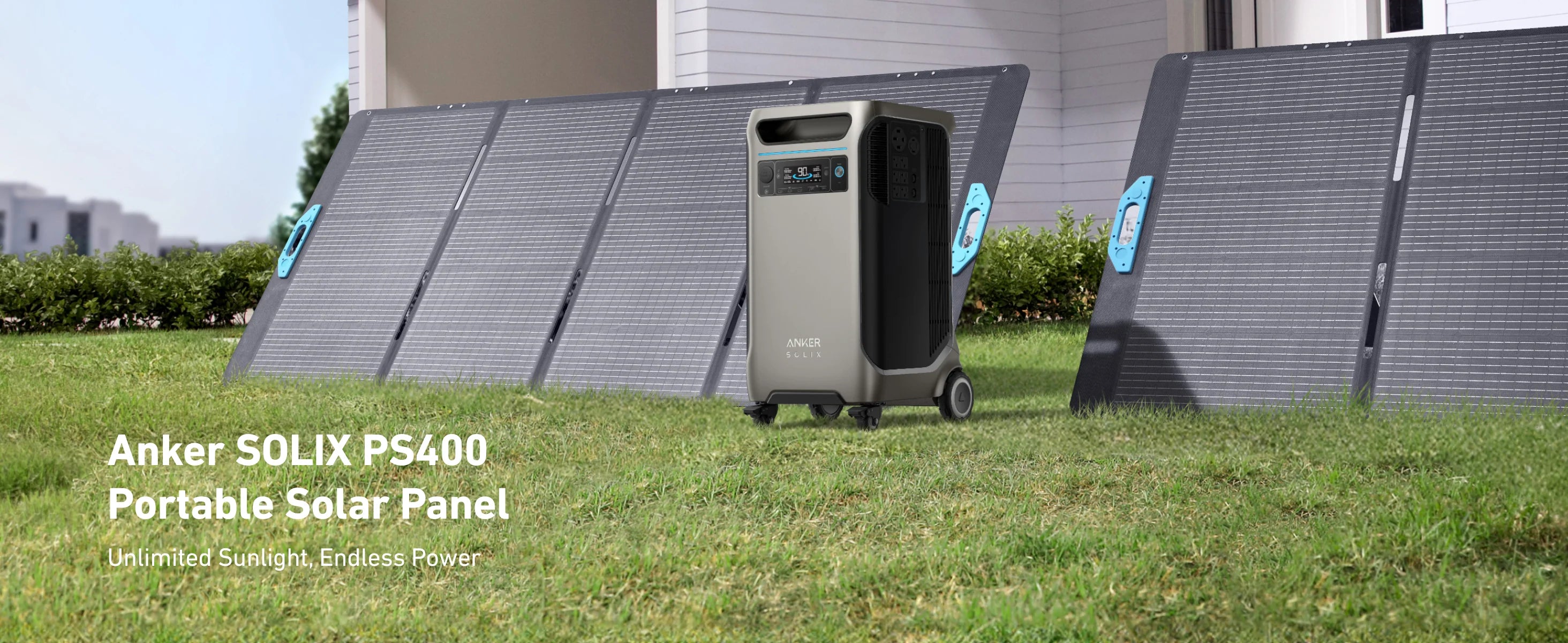 Anker SOLIX 400W 48V PS400 Monocrystalline Portable Solar Panel The Anker SOLIX 400W 48V PS400 Monocrystalline Portable Solar Panel is set up outside, harnessing solar energy. Enjoy unlimited sunlight and endless power with this portable solution from Anker.