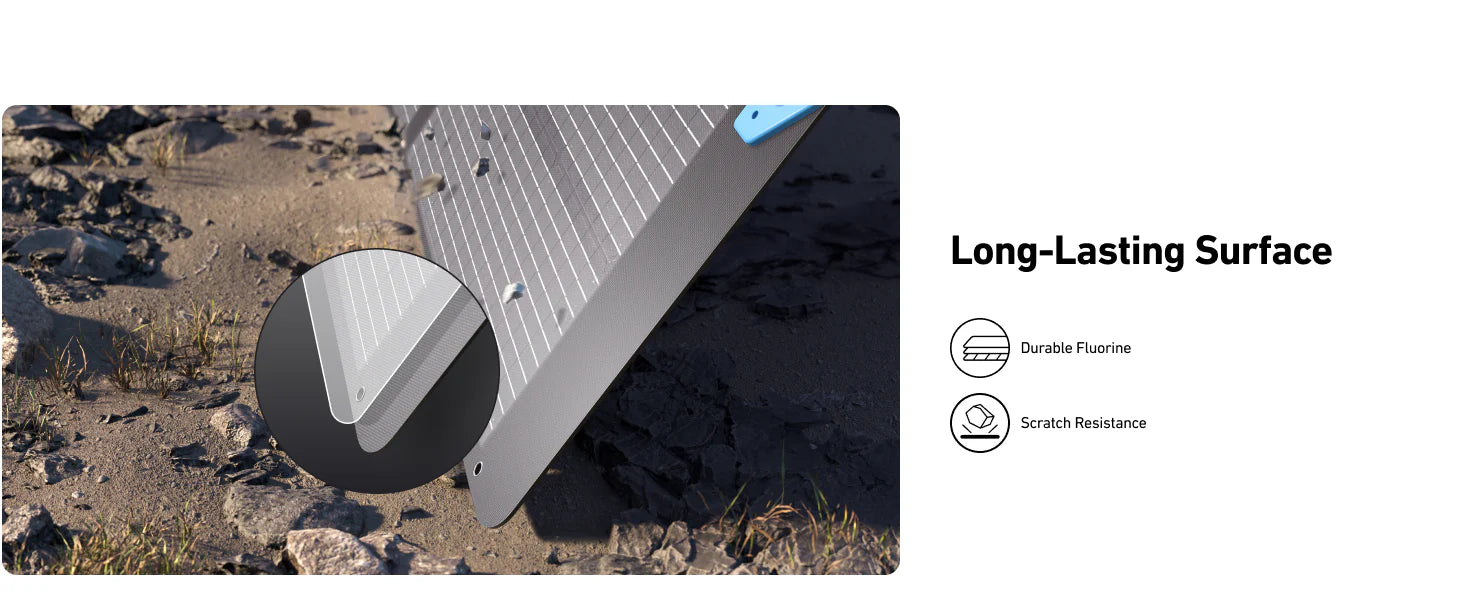 Close-up of an Anker SOLIX 400W 48V PS400 Monocrystalline Portable Solar Panel corner on rocky ground, showing its durable, scratch-resistant surface and IP67 waterproof protection. Text: Long-Lasting Surface with durability and scratch-resistance icons.
