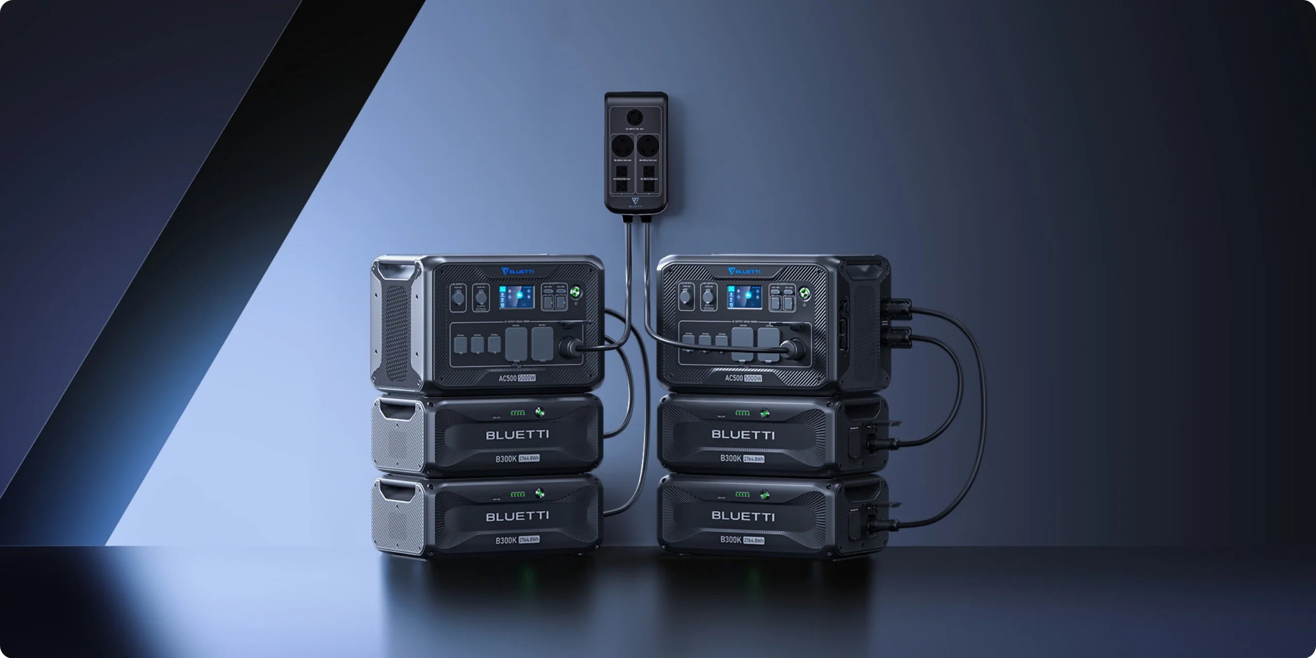 Two stacked Bluetti AC500+B300K 5,000W solar generators with digital displays connect to a black wall-mounted power strip, blending into a modern dark space; complete kit includes six 200W rigid mono solar panels.