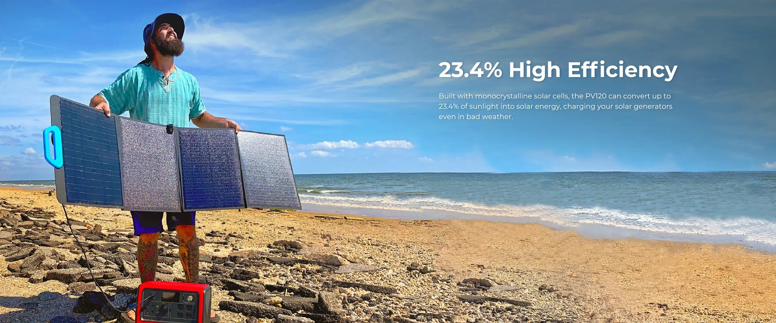 A man stands on a rocky beach holding the Bluetti 120W 24V Monocrystalline Portable Solar Panel beside a red Bluetti generator, under blue sky by ocean waves. Text highlights the panel’s 23.4% high efficiency feature.