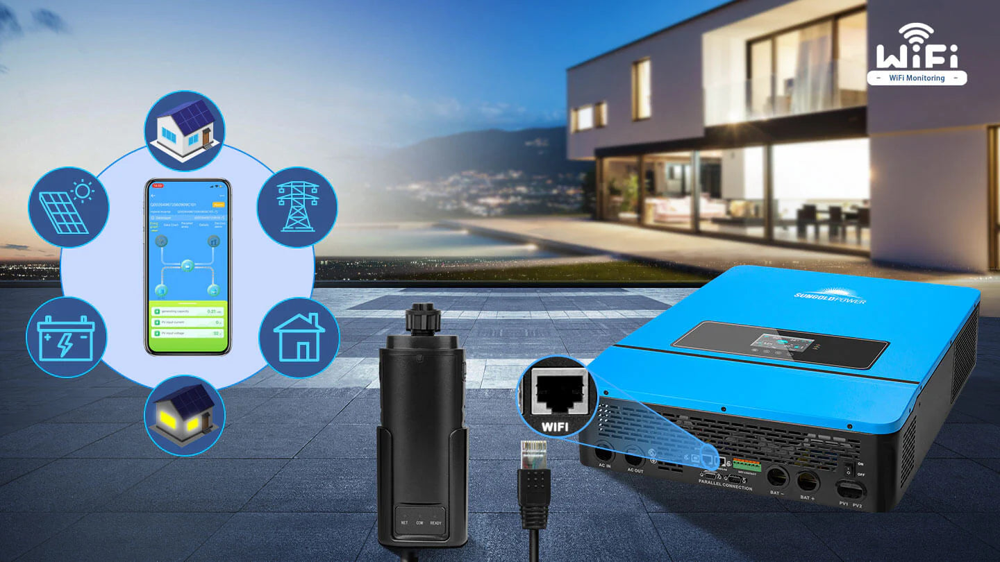 Sungold Power 10,000W 48V Split Phase Solar Inverter A Sungold Power 10,000W 48V Split Phase Solar Inverter, WiFi dongle, and smartphone app are displayed before a modern house. Energy icons and a WiFi Monitoring label highlight Sungold Power’s smart solar monitoring features.
