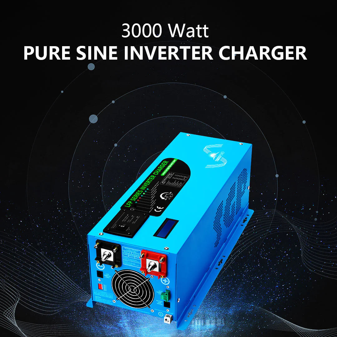 Sungold Power 3,000W Off‑Grid Solar Kit 12VDC 120V Output LiFePO₄ Battery 600W Solar Backup SGK‑PRO3 The Sungold Power 3,000W Off‑Grid Solar Kit (SGK-PRO3) is shown on a dark, digital background. Featuring a LiFePO₄ battery and 600W solar backup, its equipped with labeled ports and switches. Bold text above displays its specifications.