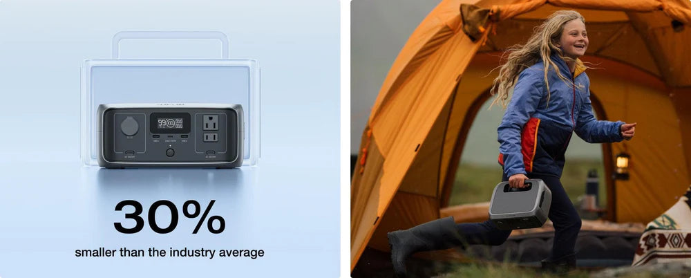 EcoFlow RIVER 3 300W 245Wh Portable Solar Power Station On the left, the EcoFlow RIVER 3 (300W, 245Wh) appears with “30% smaller than industry average.” On the right, an outdoor enthusiast runs by a tent, smiling and carrying this compact EcoFlow portable solar power station.