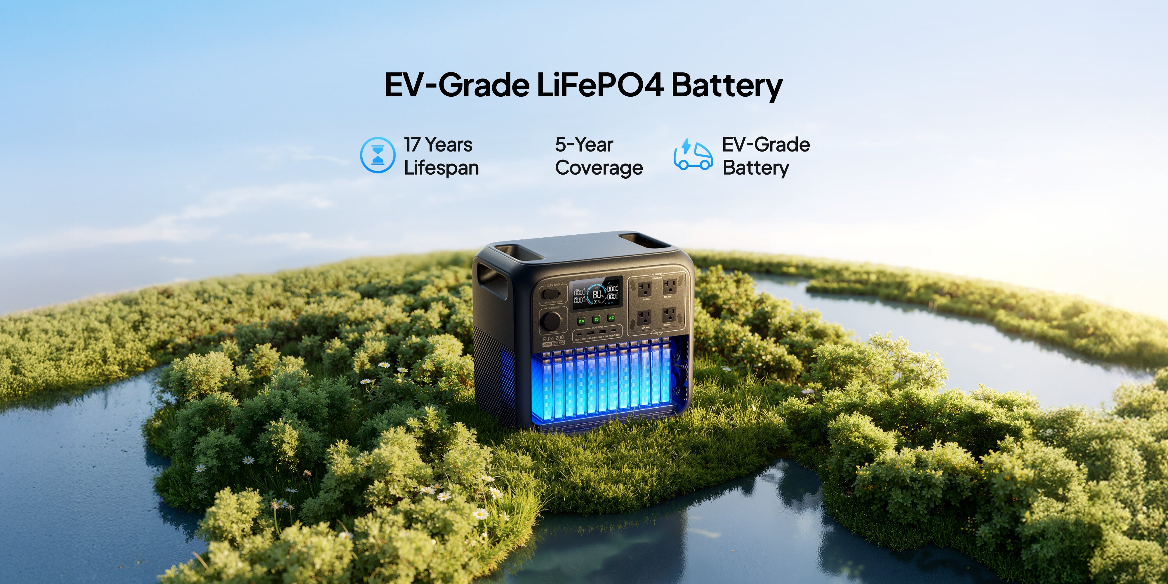 A Bluetti Elite 200 V2 Portable Power Station by Eco Solar Kits sits on a green island surrounded by water. Text reads: EV-Grade LiFePO4 Battery, 17 Years Lifespan, 5-Year Coverage, and EV-Grade Battery, with matching icons above the solar generator.