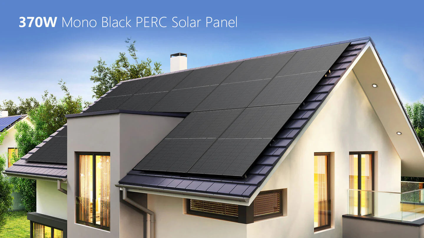 Sungold Power 370W 24V Mono Black PERC Solar Panels Kit A modern house with a sloped roof fitted with Sungold Power 370W 24V Mono Black PERC Solar Panels Kit under a blue sky, surrounded by greenery. Text on the image reads: Sungold Power.