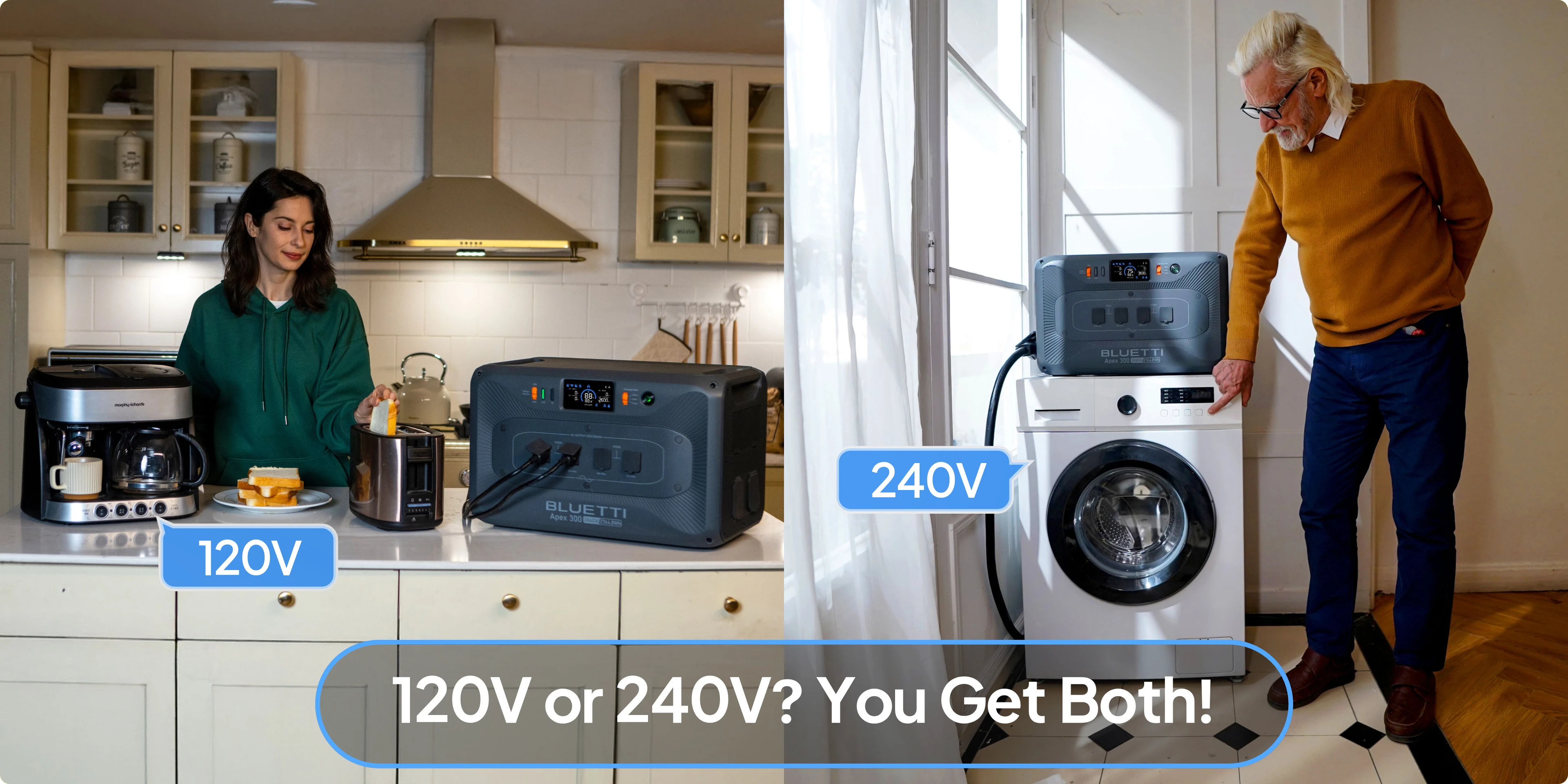 A woman uses the Bluetti Apex 300 Portable Power Station (2,764.8Wh, 3,840W) with kitchen appliances at 120V, while a man powers a washing machine at 240V using the same Bluetti backup battery. Text reads: 120V or 240V? With Bluetti Apex 300, you get both!.