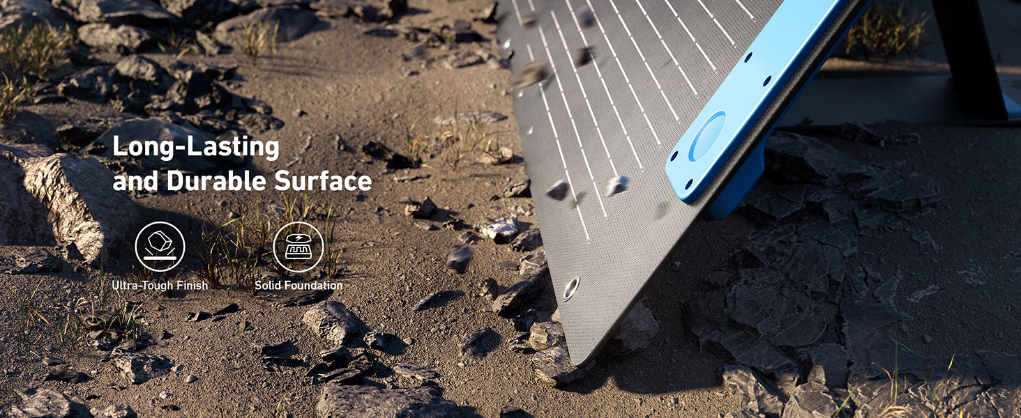 Anker SOLIX F1500 Solar Generator - 1536Wh Battery Storage | 1800W Power Output | 200W Solar Panel A close-up of the Anker SOLIX F1500 Solar Generator’s 200W panel with rocks bouncing off, showcasing its ultra-tough, long-lasting surface and reliable 1536Wh LFP battery. Icons: “Ultra-Tough Finish” and “Solid Foundation” appear on the left.