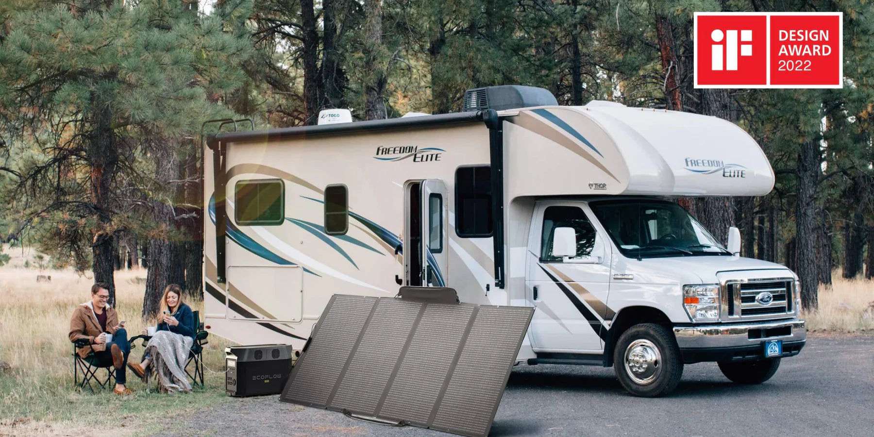EcoFlow 400W 48V Monocrystalline Portable Solar Panel A couple sits in camping chairs beside a Forest River Freedom Elite RV in a forest. An EcoFlow 400W 48V Monocrystalline Portable Solar Panel and power station are set up nearby. The iF Design Award 2022 badge appears in the top right corner.