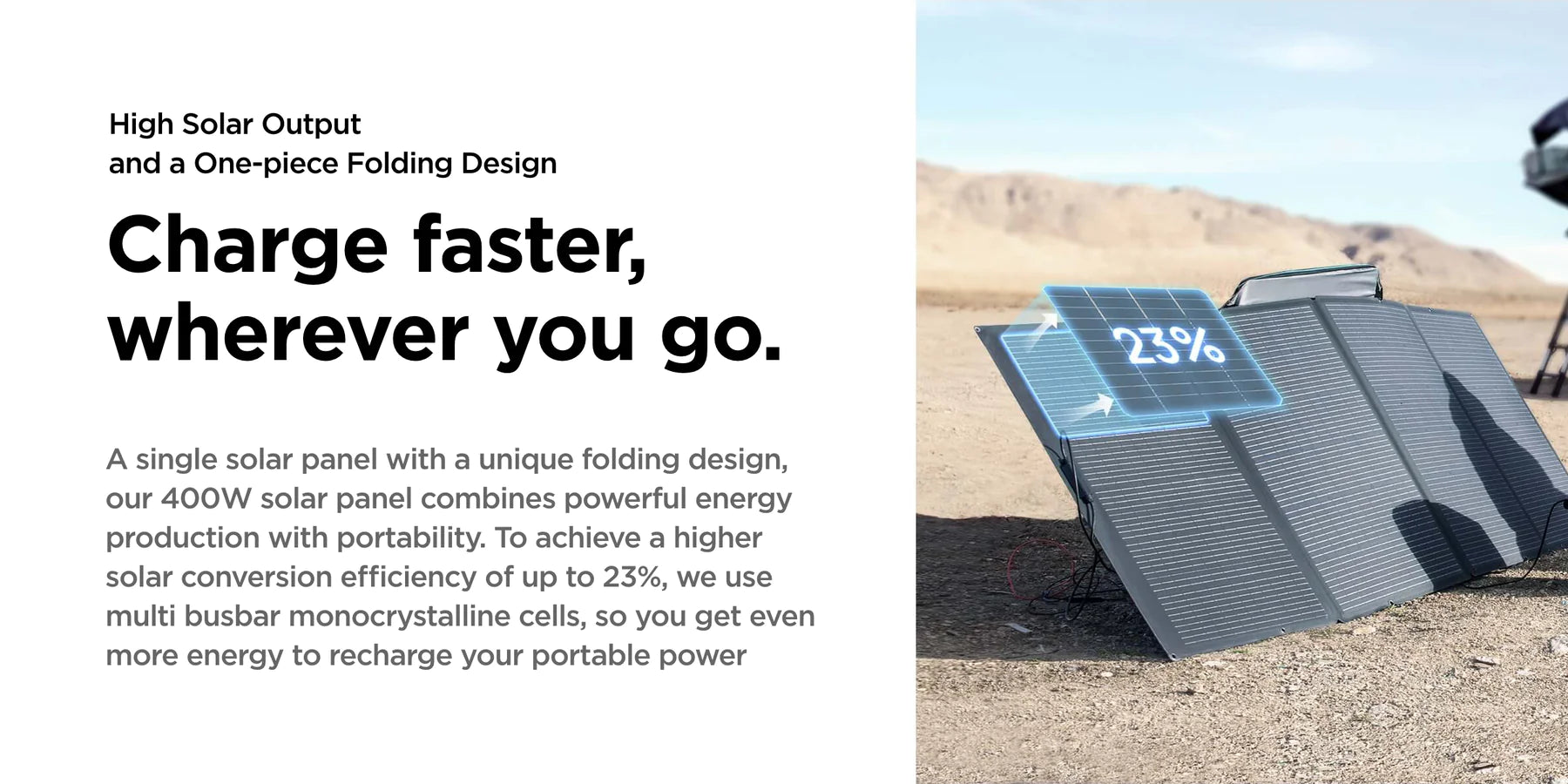 EcoFlow 400W 48V Monocrystalline Portable Solar Panel The EcoFlow 400W 48V Monocrystalline Portable Solar Panel stands on rocky ground with a digital overlay showing 23%. Its high efficiency, foldable design, and portability make it ideal for off-grid living or charging devices anywhere.